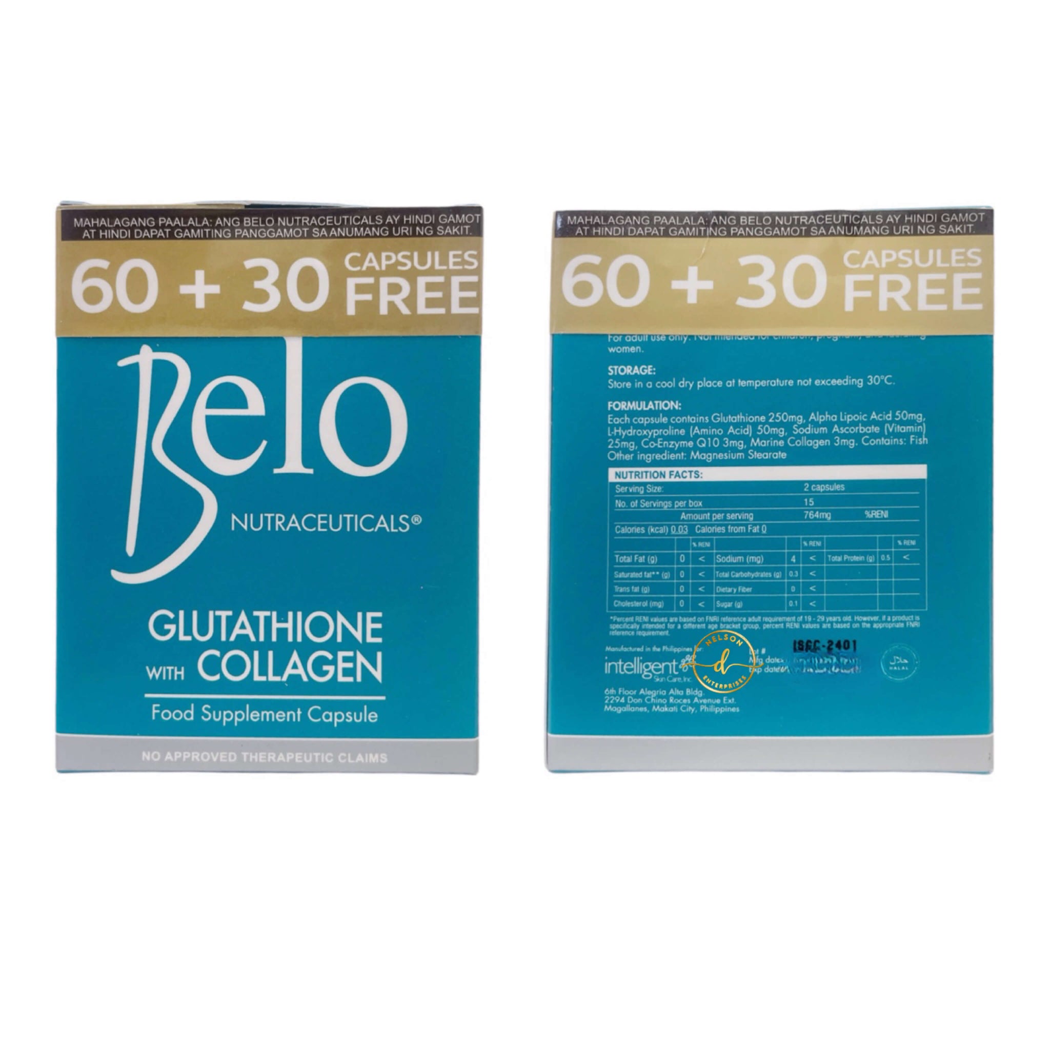 Belo Glutathione with Collagen Dietary Supplement Capsules, 90 Count D Nelson Enterprises Belo Glutathione with Collagen Dietary Supplement Capsules, 90 Count D Nelson Enterprises