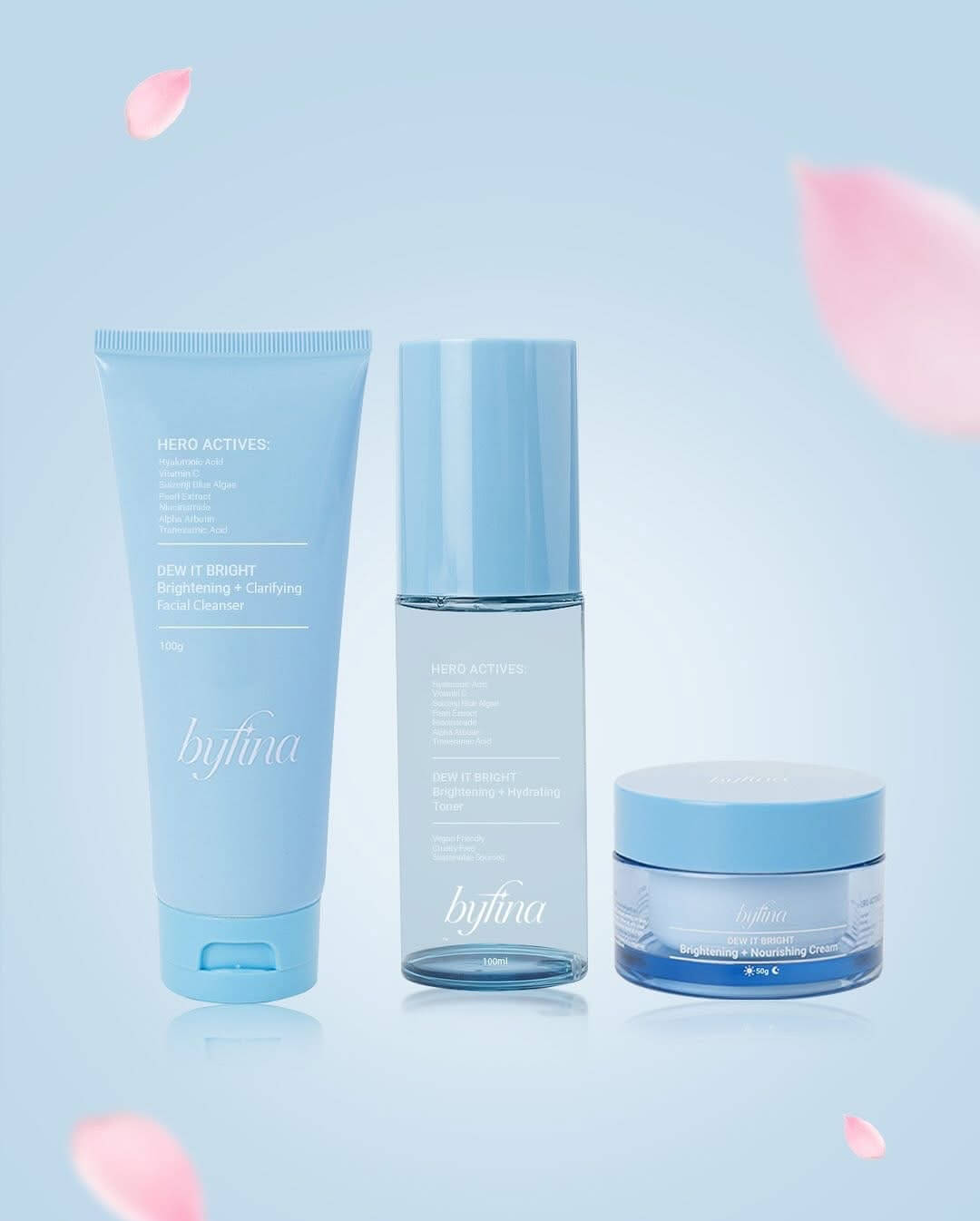 Byfina Brightening Essentials Kit toner preps and refines skin for better absorption of nutrients.