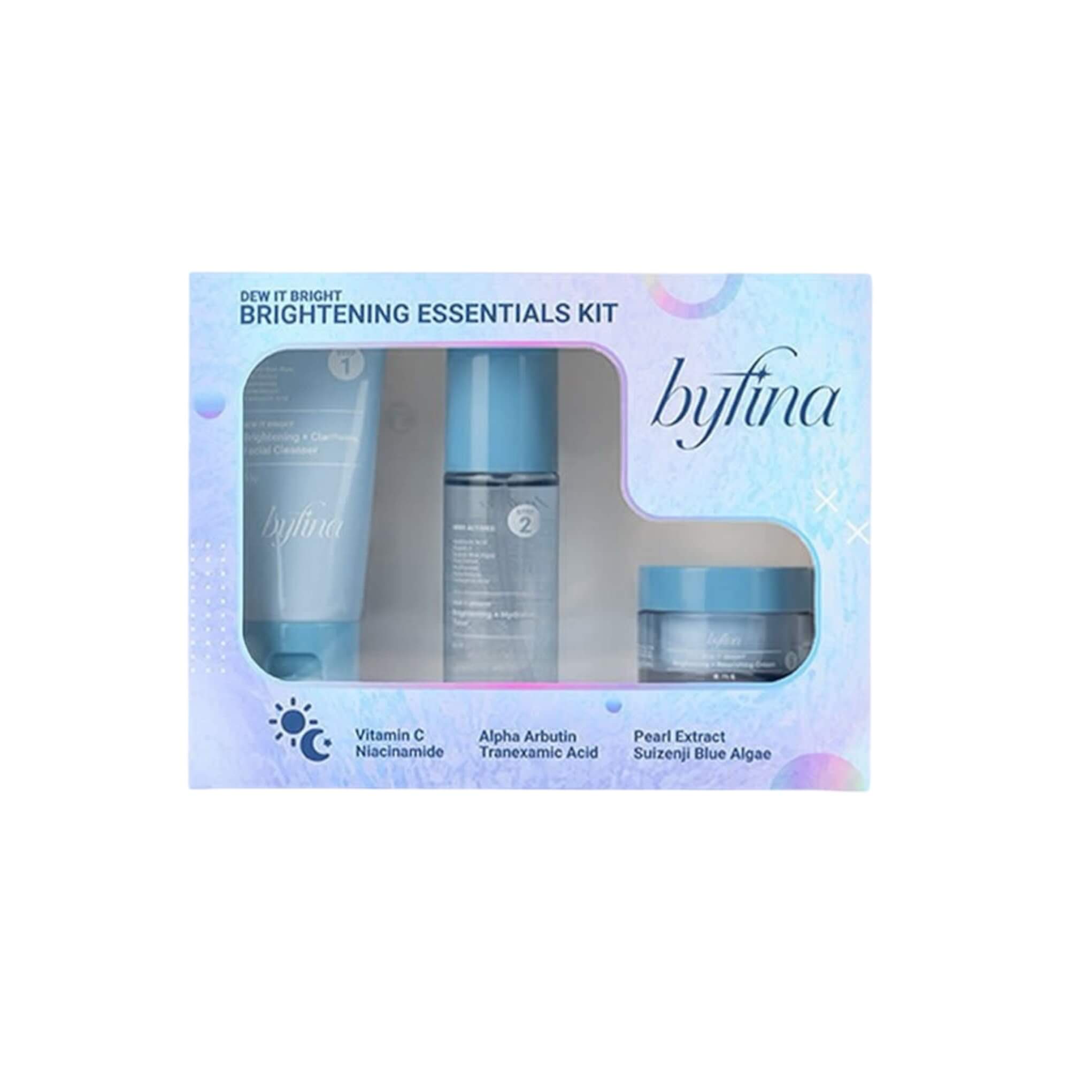 Byfina Brightening Essentials Kit radiant skin set with cleanser, toner, and nourishing cream for glowing skin.