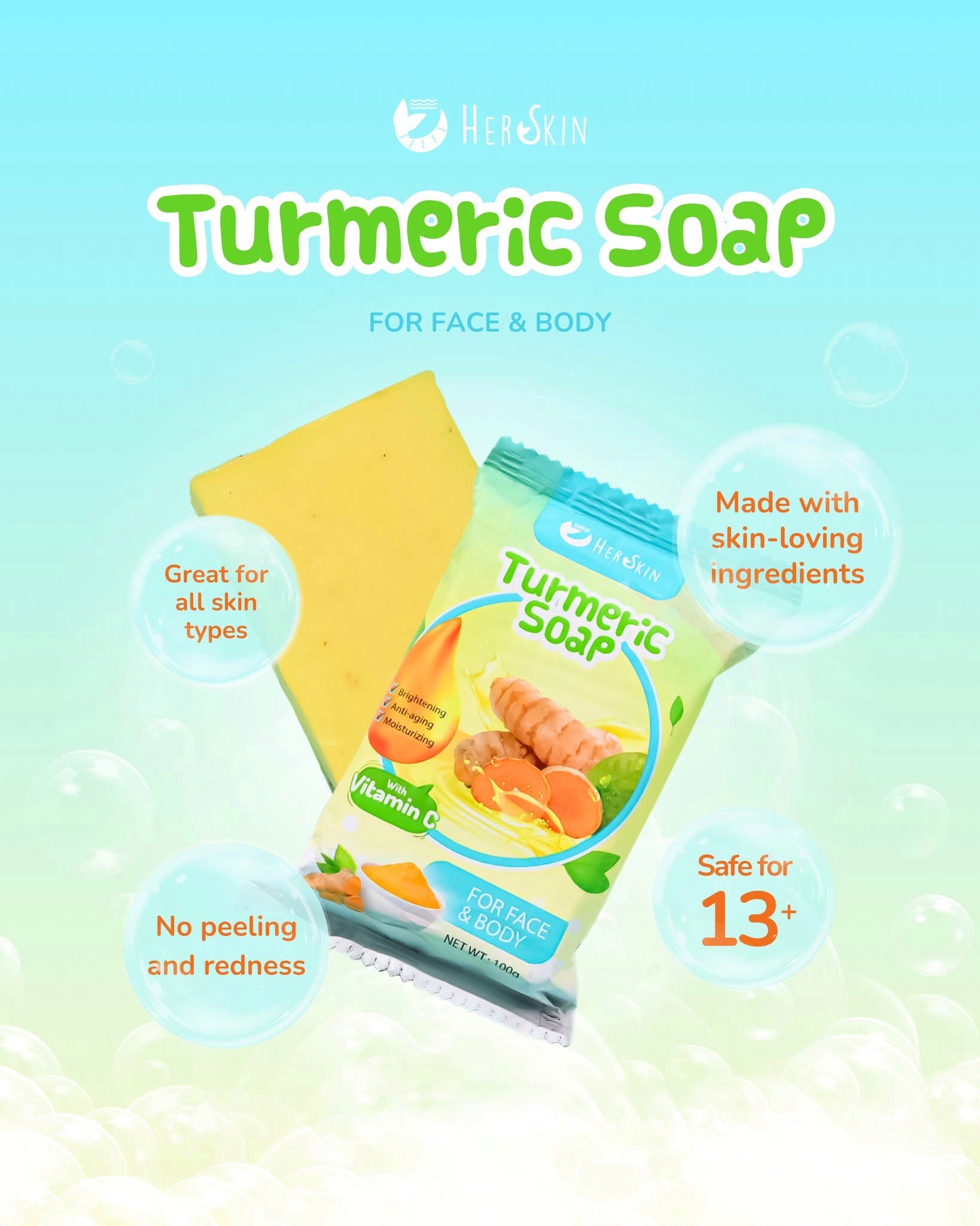 2 Bars Her Skin Turmeric Soap with Vitamin C – Brightening, Anti-Aging & Moisturizing for All Skin Types (100g)