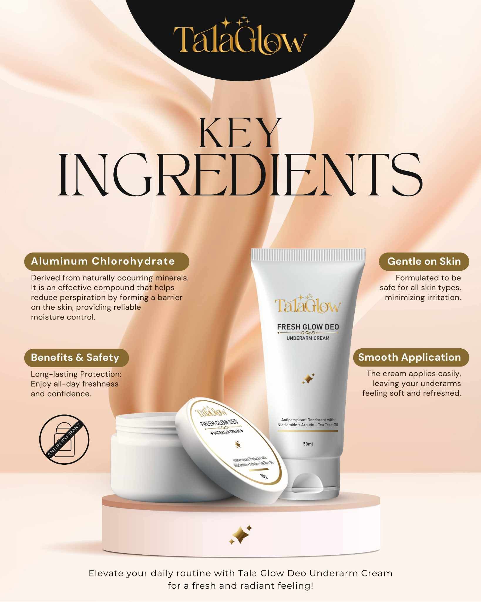 Tala Glow Fresh Glow Deo Cream with tea tree for a clean refreshing touch