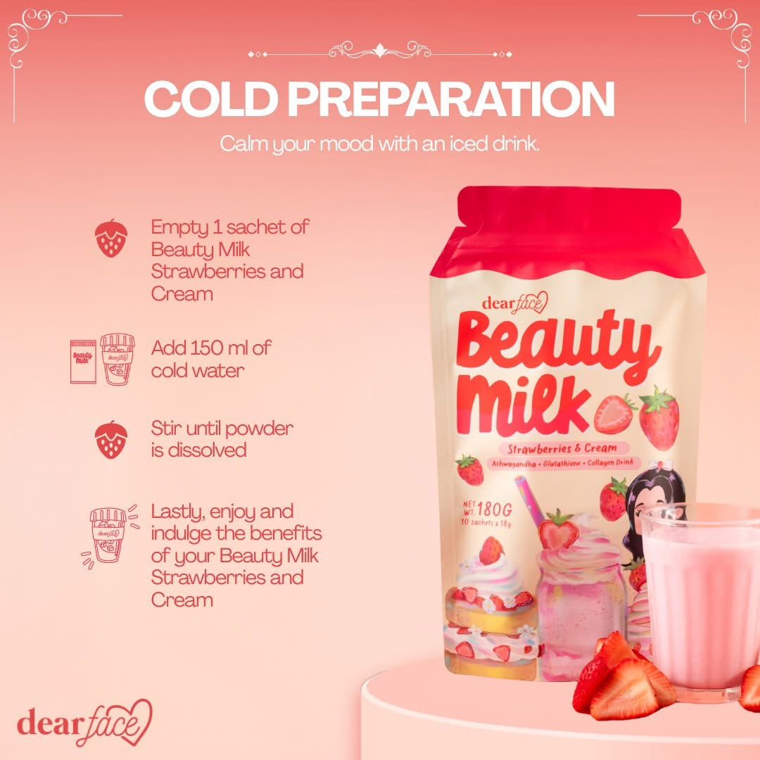 Dear Face Beauty Strawberries and Cream Collagen Drink, 10 Sachets x 18g
