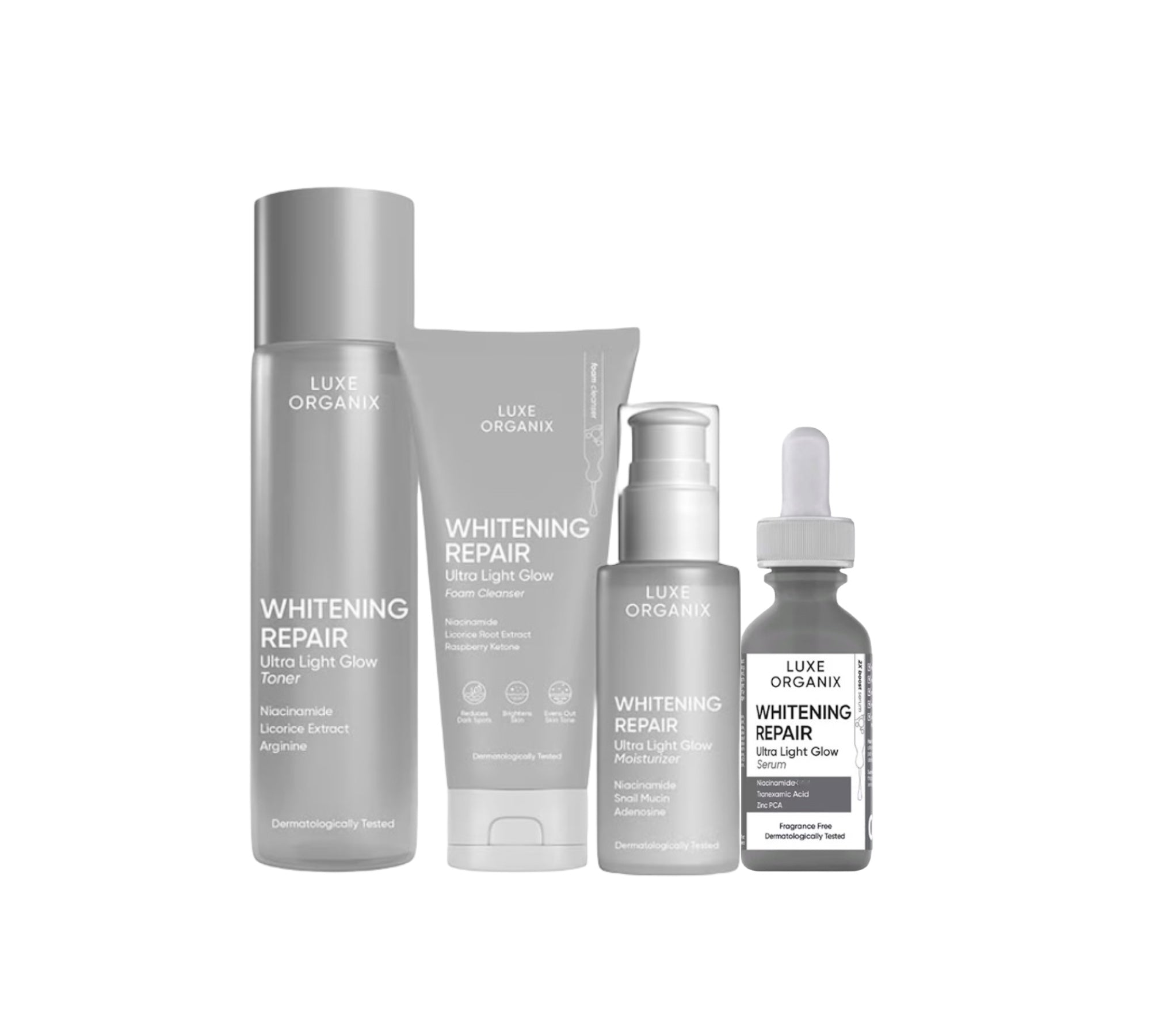Luxe Organix Whitening Repair Ultra Light Glow Foam Cleanser, Toner, Niacinamide Serum & Moisturizer