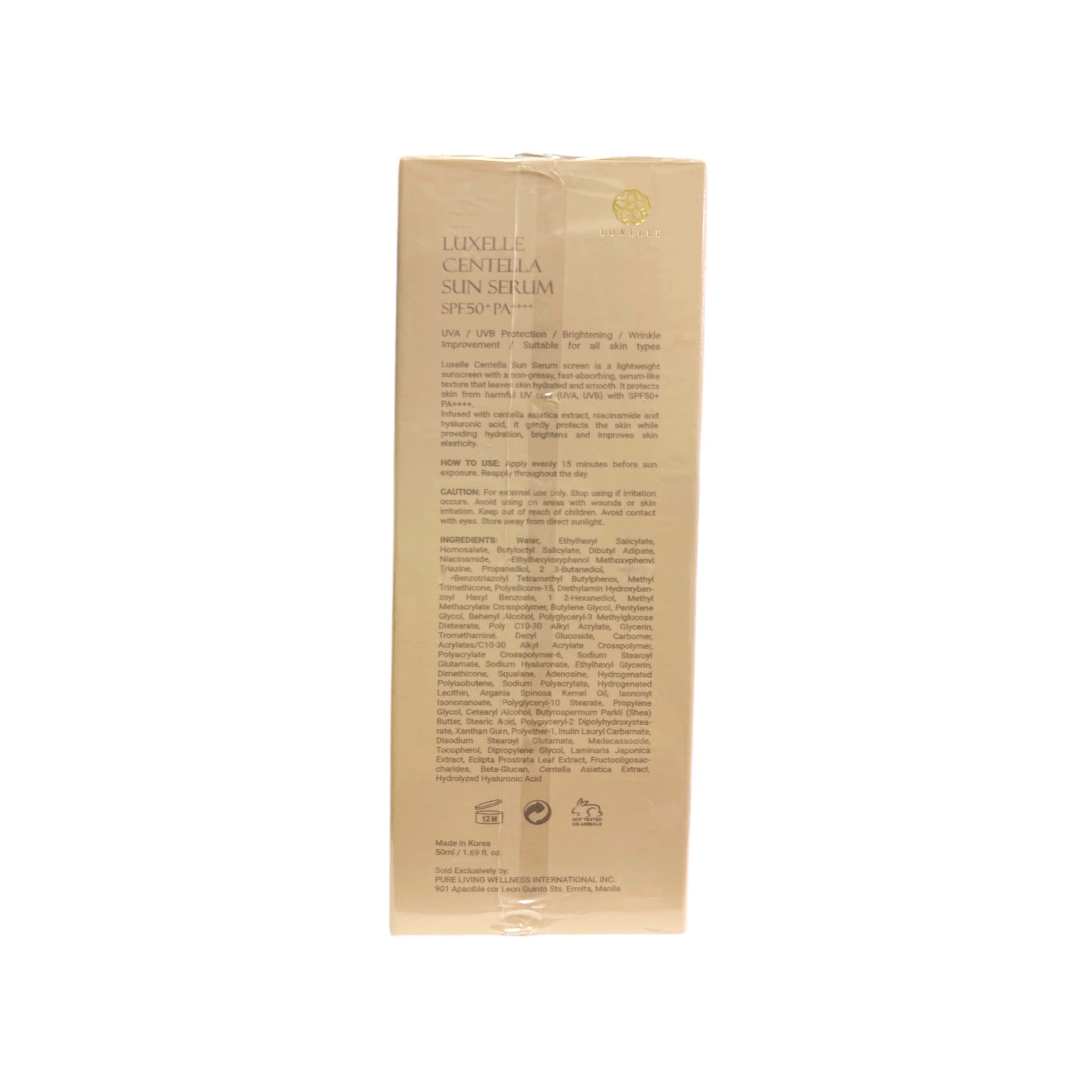 LUXELLE Centella Sun Serum SPF 50 PA++++ - Lightweight, Non-Greasy Sunscreen with Centella Asiatica, Niacinamide & Hyaluronic Acid for All Skin Types - 50ml