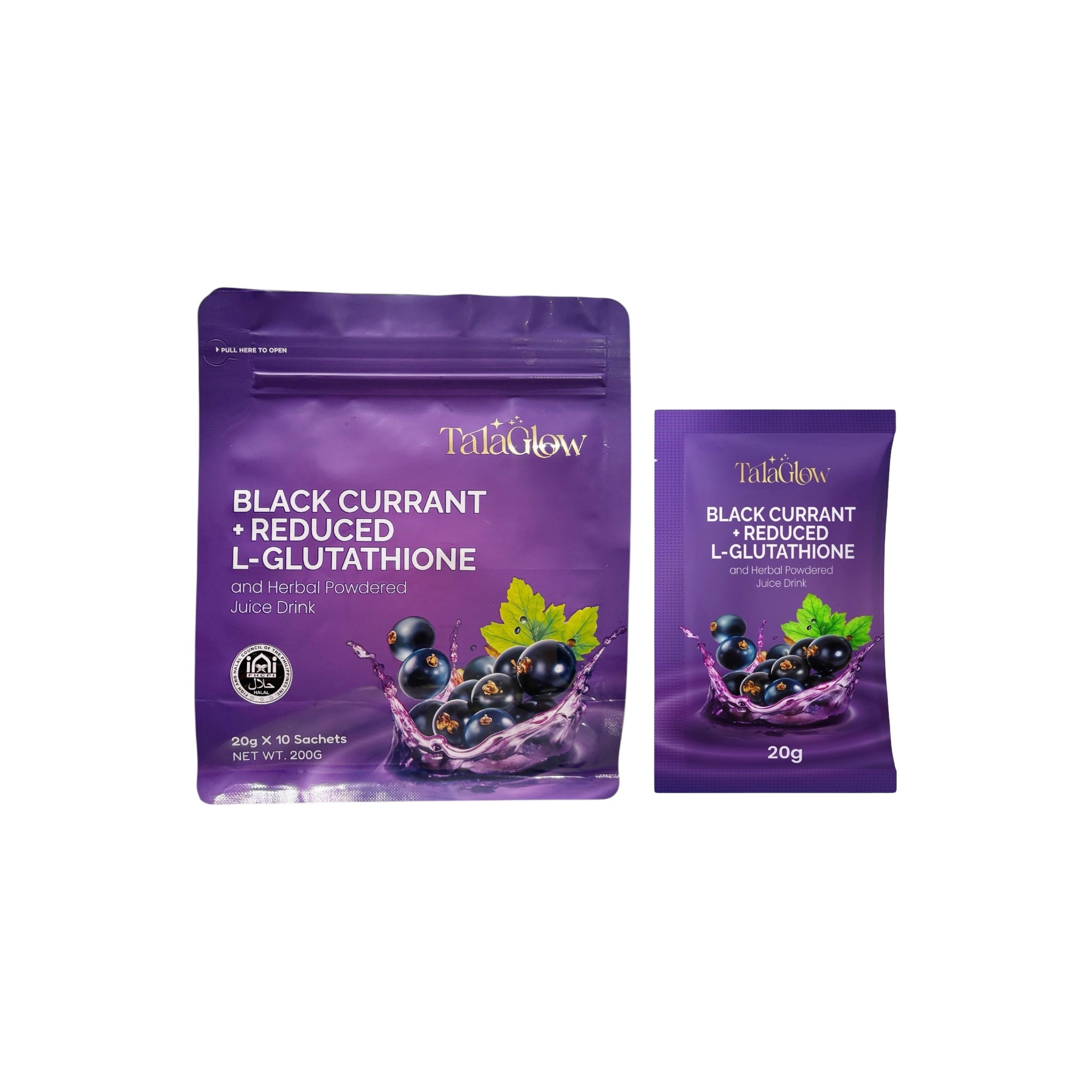 TalaGlow BLACK CURRANT + REDUCED L-GLUTATHIONE and Herbal Powdered Juice Drink 10 Sachets x 20g