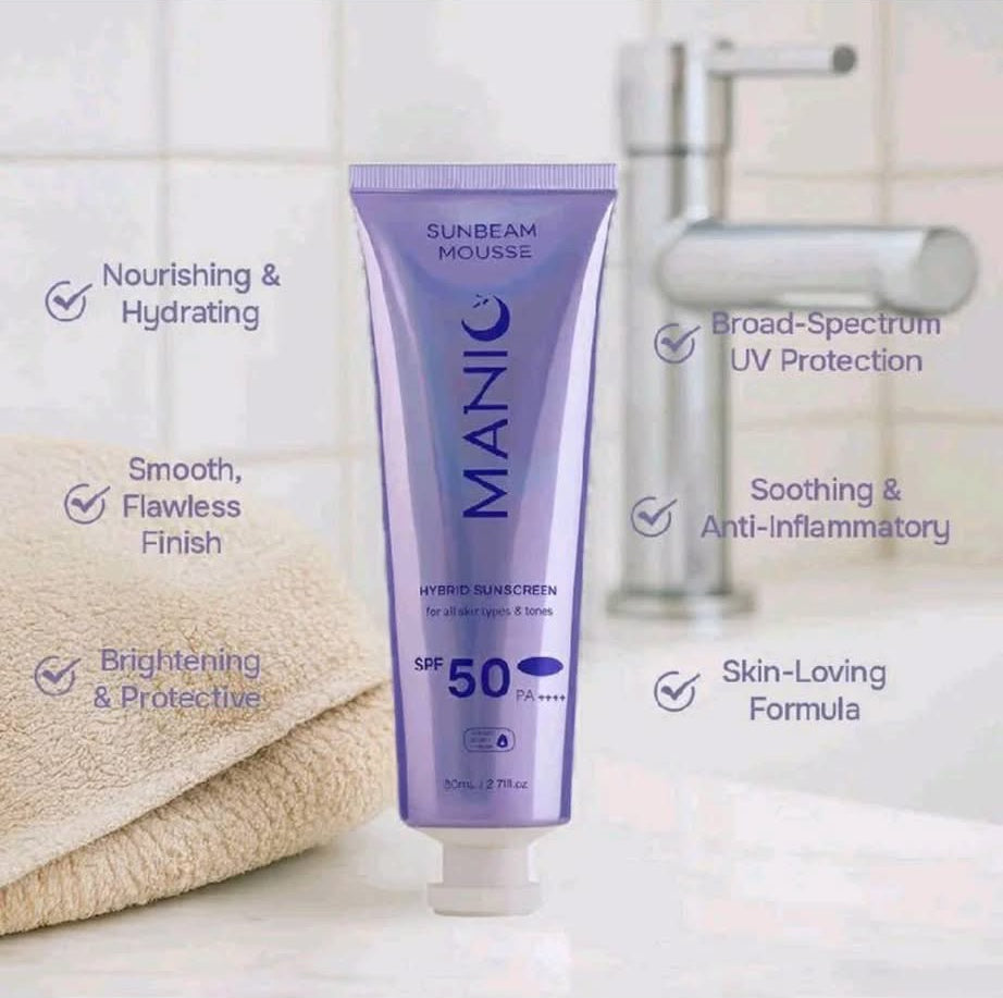 Manic Beauty SUNBEAM MOUSSE Hybrid Sunscreen SPF 50 PA++++ | Lightweight Velvety Finish | Water & Sweat Resistant Sun Protection – 50 mL