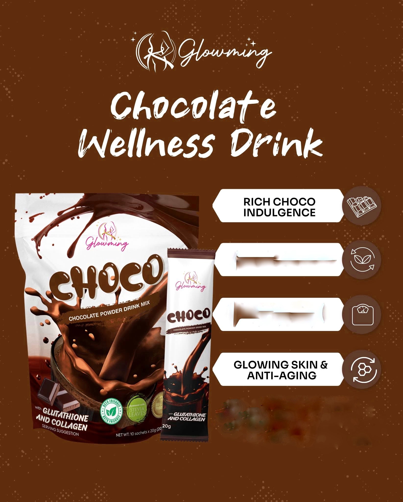 Cris Cosmetics Glowming Choco - Glutathione & Collagen Drink Mix | 20g x 10 Sachets