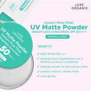 Luxe Organix TRANSLUCENT 24H Zero Sebum Instant Pore Blurring Weightless Matte Powder Spf 50 Pa++++  15G