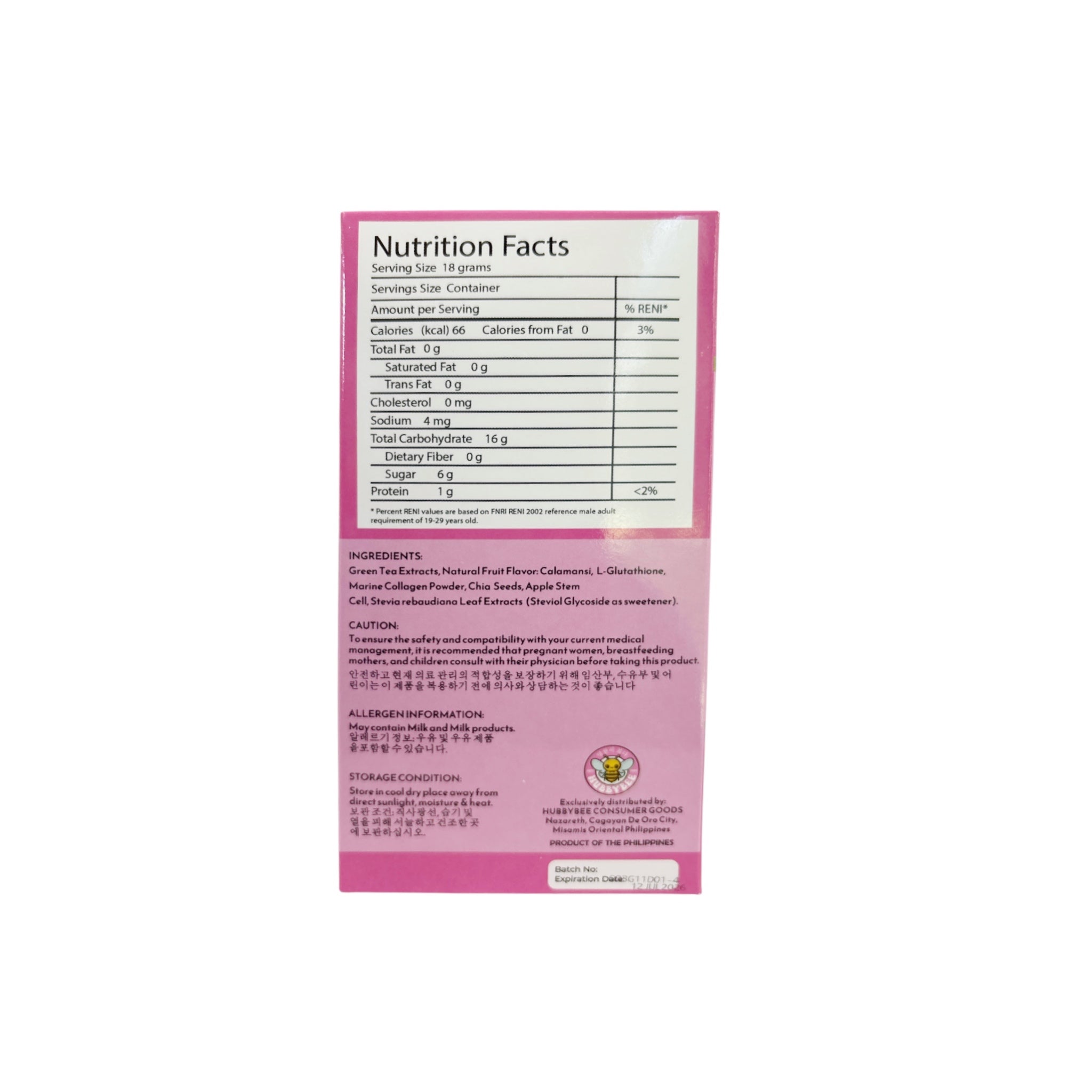 Hubby Bee PREMIUM COLLAGEN BOOSTER MIX - 50,000 MG - Korean Marine Collagen, Japanese L-Glutathione, Apple Stem Cells & Chia Seeds - Calamansi & Green Tea Flavor - 18gx10 Sachets