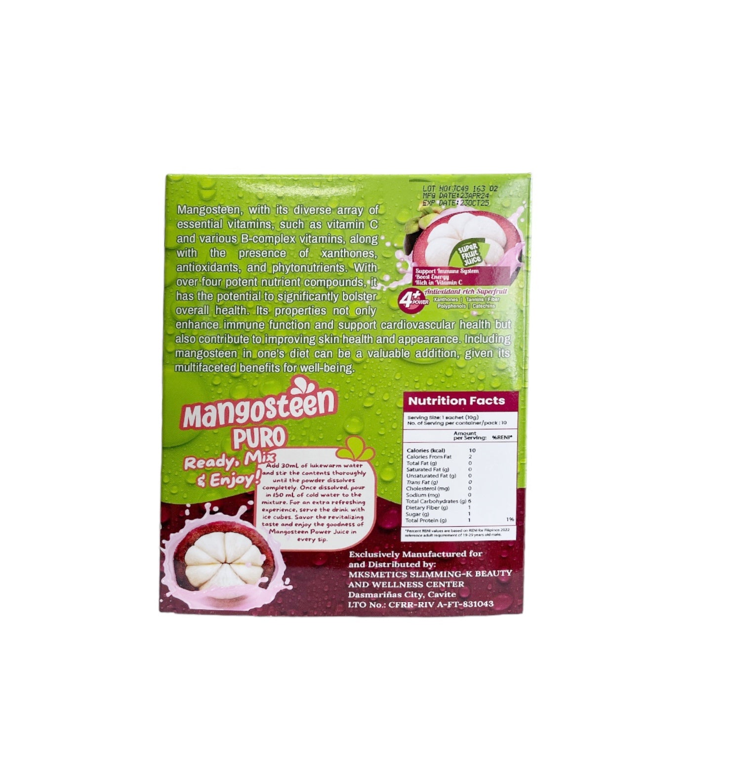 MKSMETICS Mangosteen Puro Super Fruit Juice by Madam Kilay, 10 Sachets