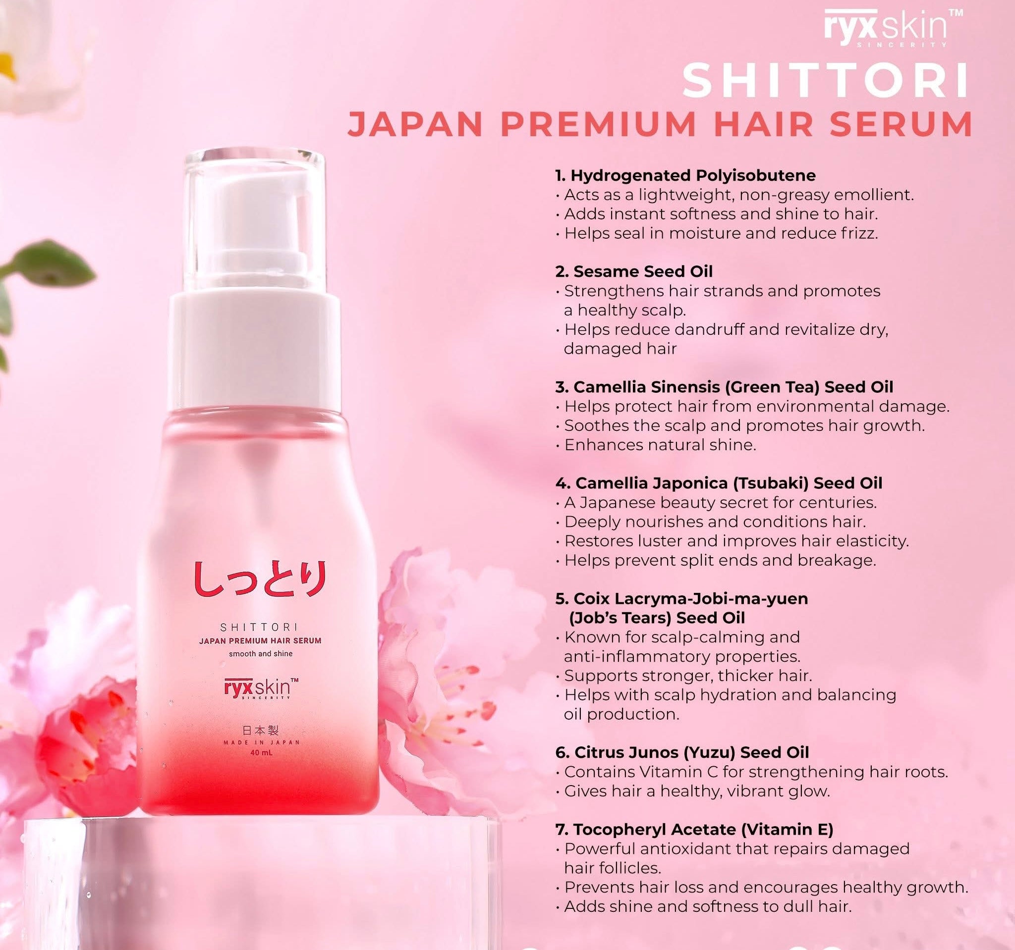 Ryxskin™ SHITTORI Japan Premium Hair Serum 40 mL — Smooth & Shine, Lightweight Non-Greasy Formula with Camellia & Yuzu Seed Oils — Nourishing Leave-In Serum for Silky, Frizz-Free Hair, Made in Japan