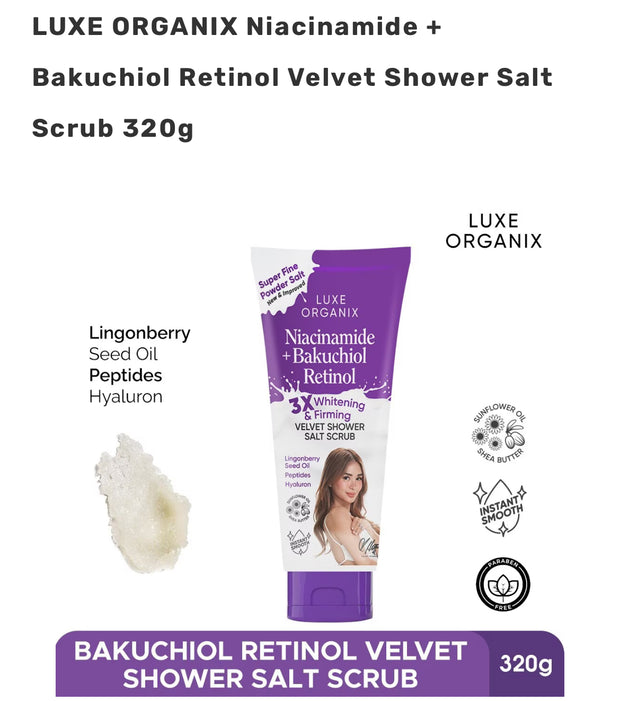 Luxe Organix Niacinamide + Bakuchiol Retinol Velvet Salt Scrub - 320g