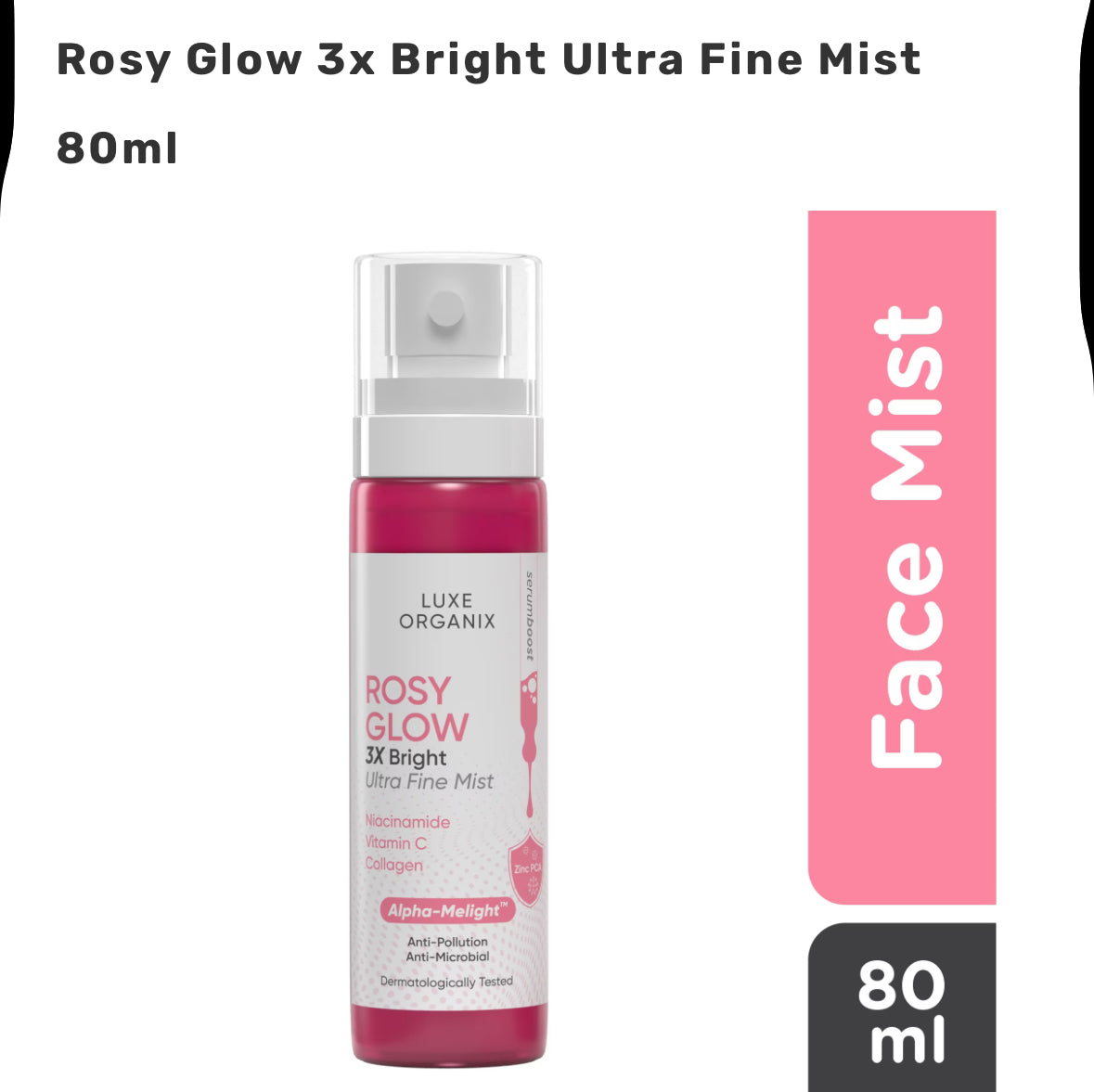 Luxe Organix Rosy Glow 3x Bright Ultra Fine Mist - Hydrating Facial Mist with Niacinamide, Collagen & Vitamin C - 80ml -