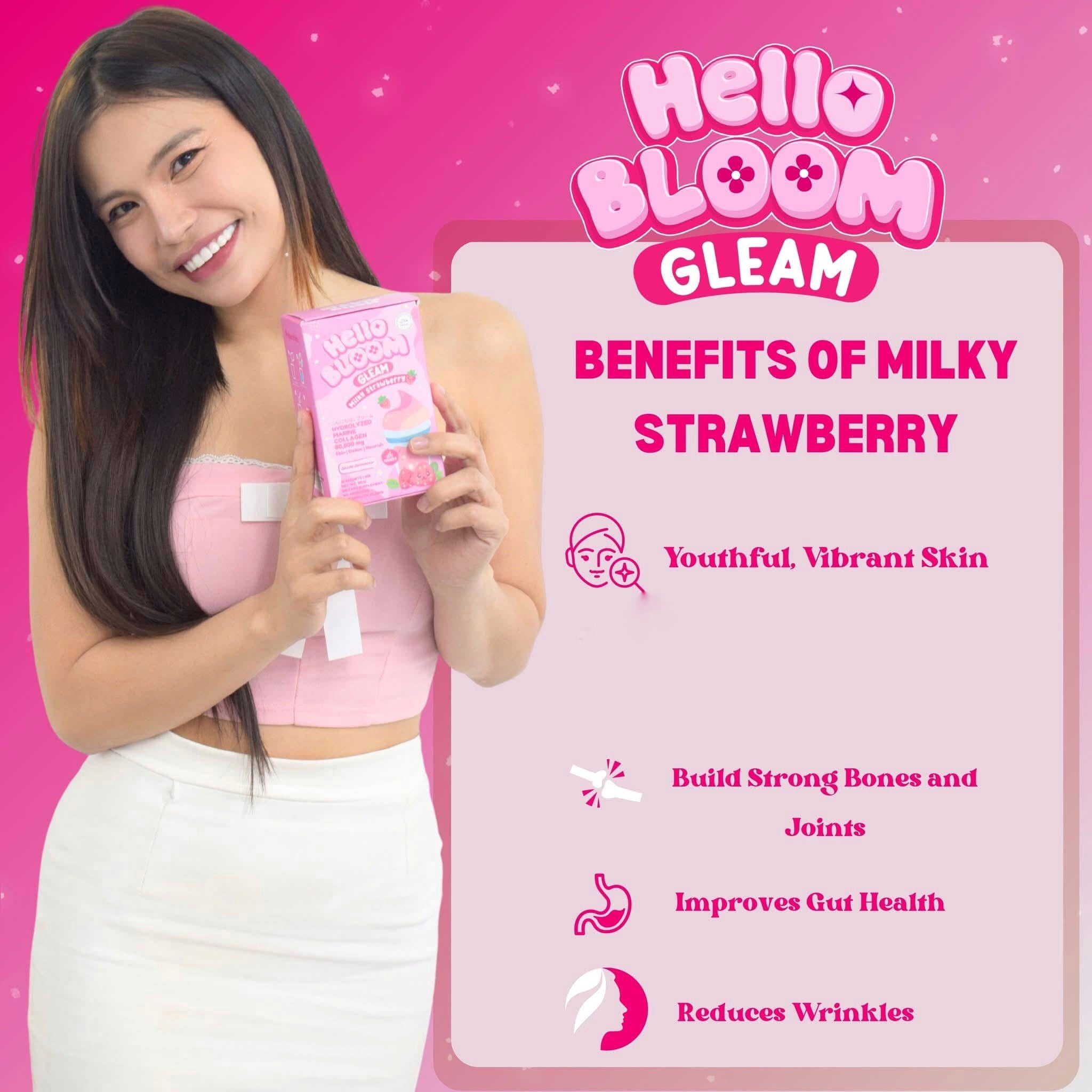 Hello BLOOM GLEAM Milky Strawberry Collagen Drink (10 Sachets)