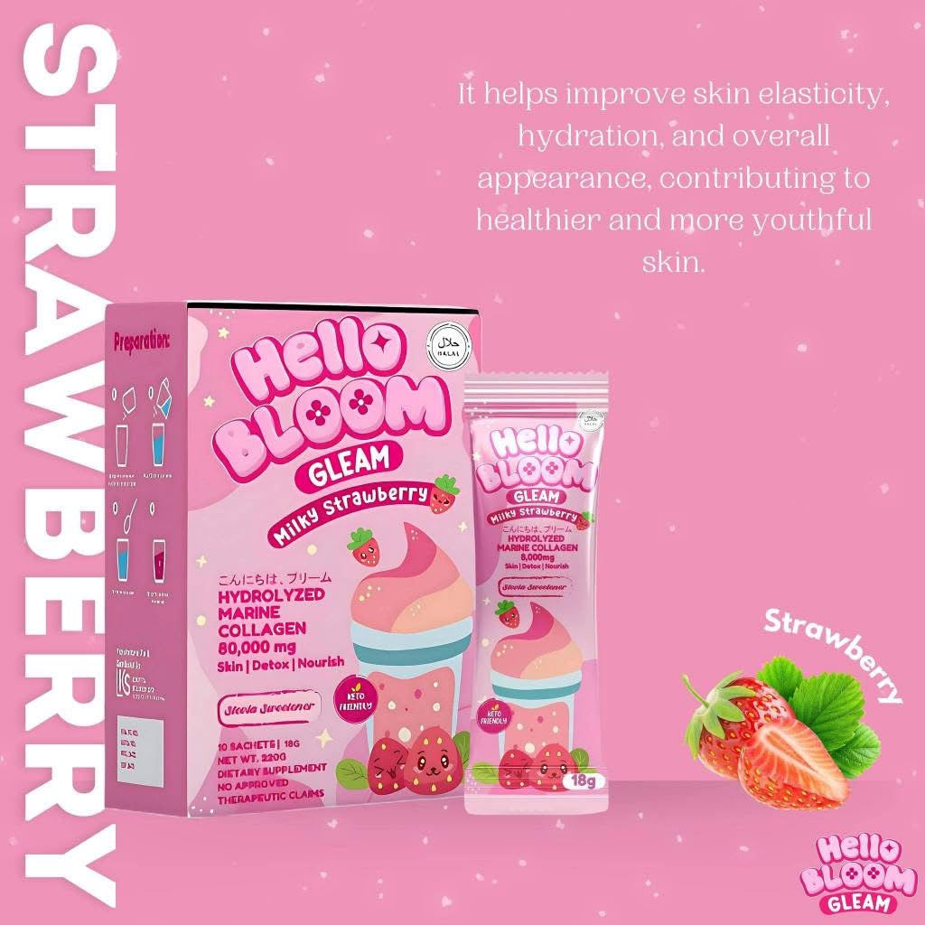 Hello BLOOM GLEAM Milky Strawberry Collagen Drink (10 Sachets)