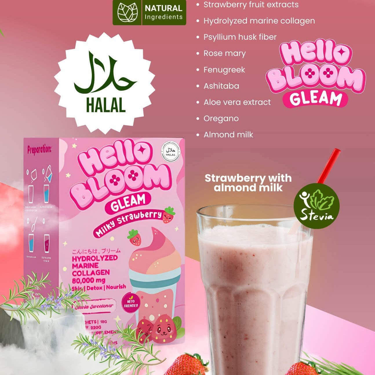 Hello BLOOM GLEAM Milky Strawberry Collagen Drink (10 Sachets)