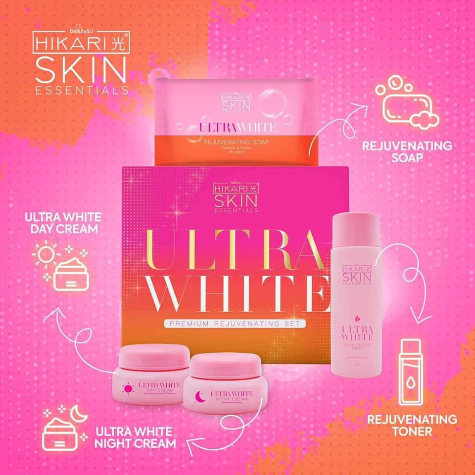 Hikari Skin Essentials Ultra White Premium Rejuvenating Kit 2 sets gently cleanses and refreshes skin for a soft, healthy feel.