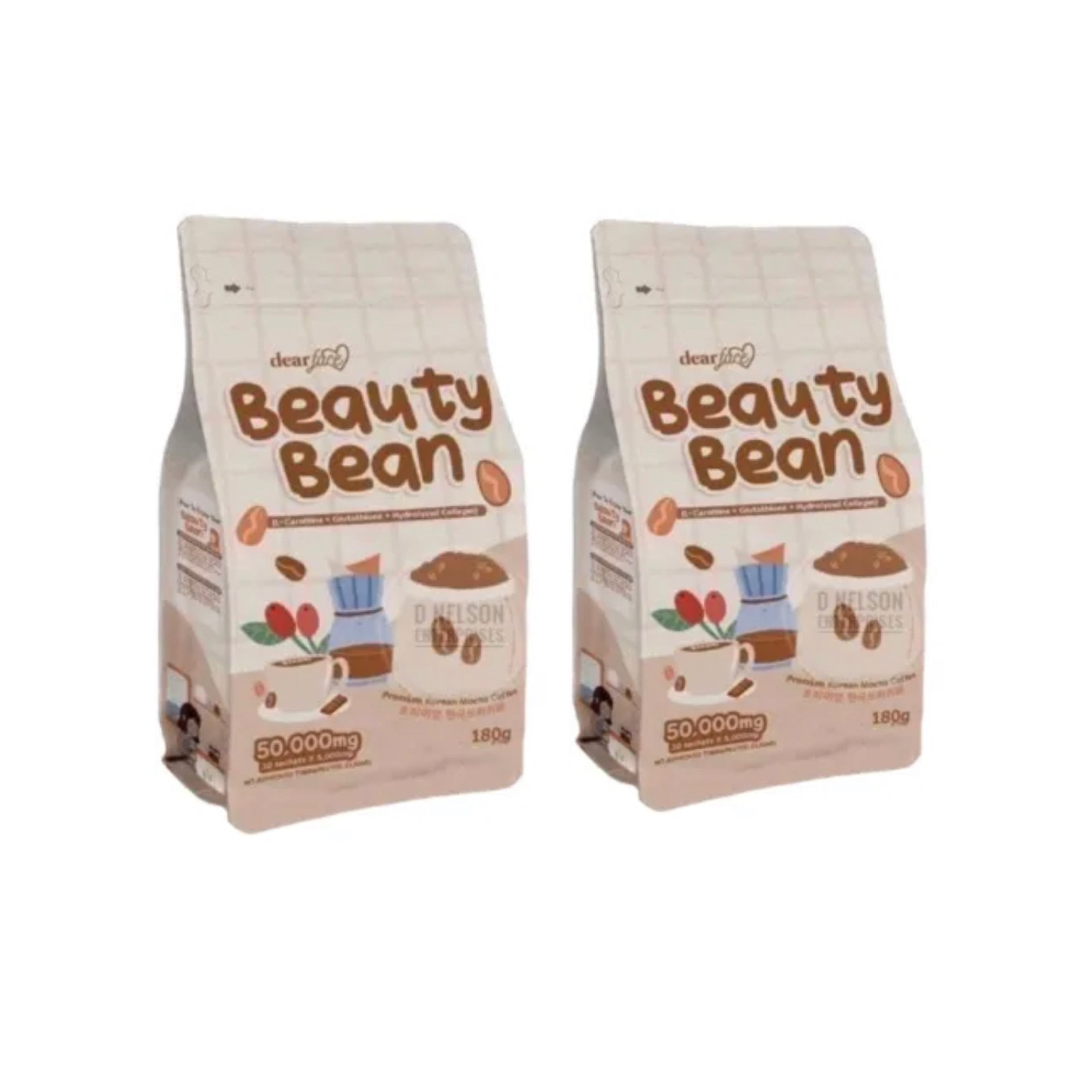 20 Sachets Dear Face BEAUTY BEAN Premium Korean Mocha Coffee, 10 Sachets X 18g