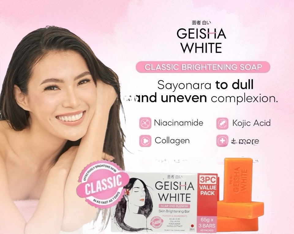 Geisha White Scar & Blemish CLASSIC Skin Restoration Bar - 65g x 3 Bars | Enriched with Kojic Acid, Collagen, Niacinamide & Papaya Extract | Paraben-Free & Clinically Tested Formula