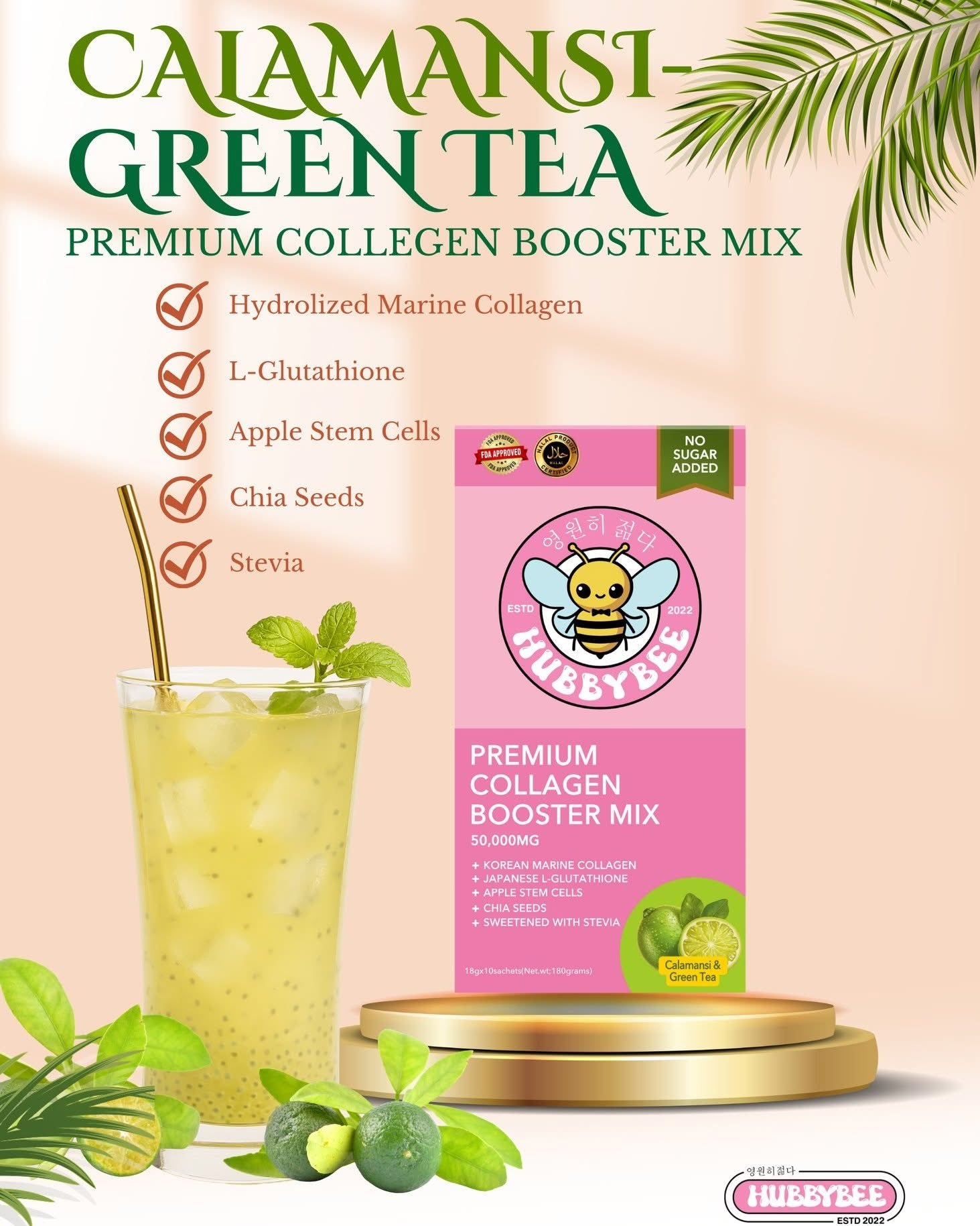 Hubby Bee PREMIUM COLLAGEN BOOSTER MIX - 50,000 MG - Korean Marine Collagen, Japanese L-Glutathione, Apple Stem Cells & Chia Seeds - Calamansi & Green Tea Flavor - 18gx10 Sachets