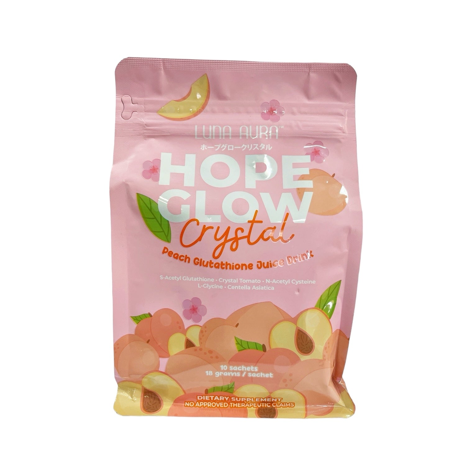 Luna Aura Hope Glow CRYSTAL Peach Glutathione Juice Drink, 10 Sachets x 18g