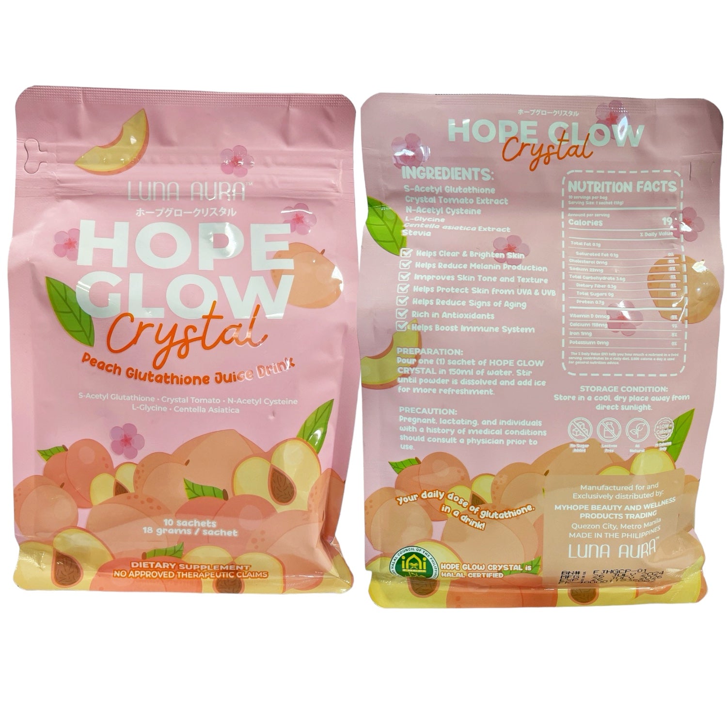 Luna Aura Hope Glow CRYSTAL Peach Glutathione Juice Drink, 10 Sachets D Nelson Enterprises Luna Aura Hope Glow CRYSTAL Peach Glutathione Juice Drink, 10 Sachets D Nelson Enterprises