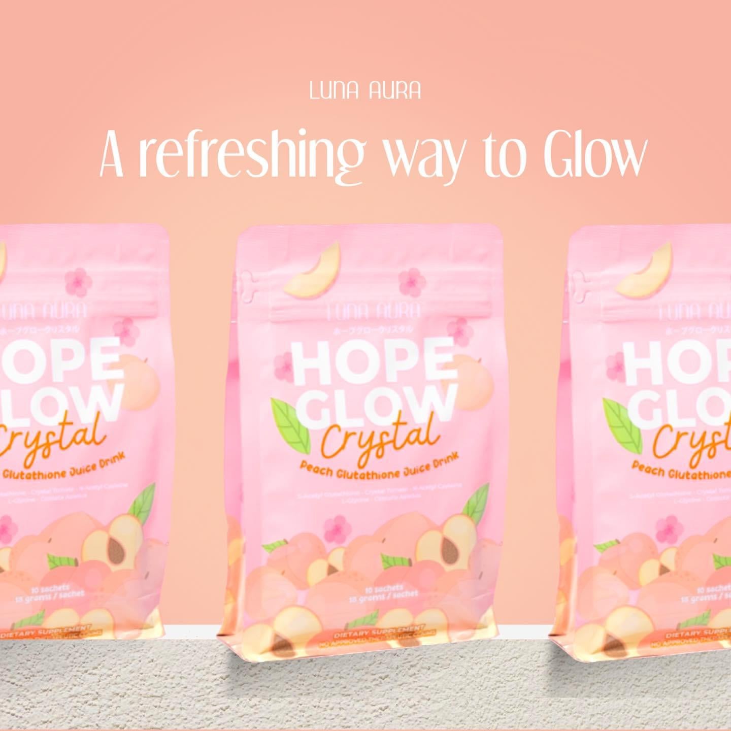Luna Aura Hope Glow CRYSTAL Peach Glutathione Juice Drink, 10 Sachets x 18g Luna Aura Hope Glow CRYSTAL Peach Glutathione Juice Drink, 10 Sachets x 18g