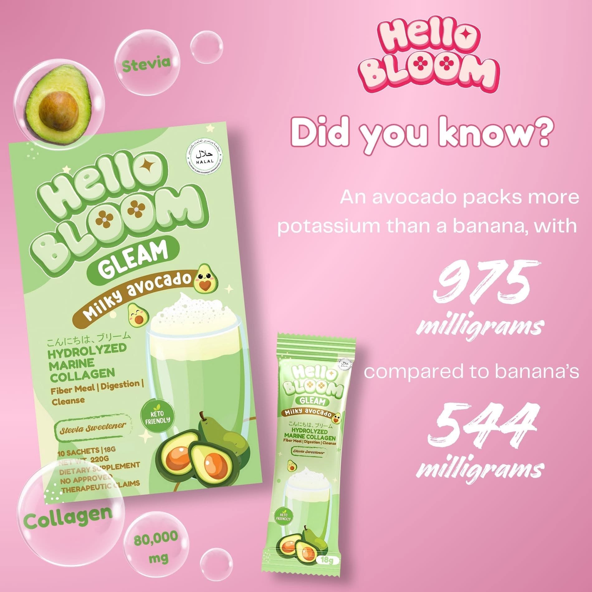 Hello BLOOM GLEAM Milky Avocado Collagen Drink (10 Sachets)