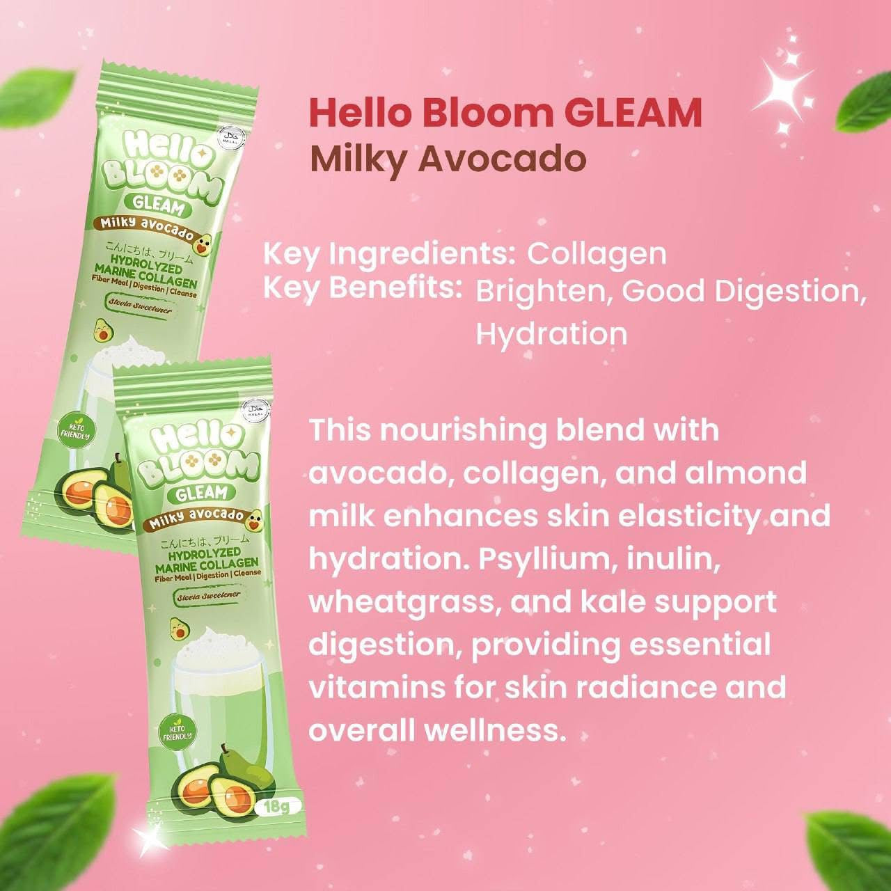 Hello BLOOM GLEAM Milky Avocado Collagen Drink (10 Sachets)