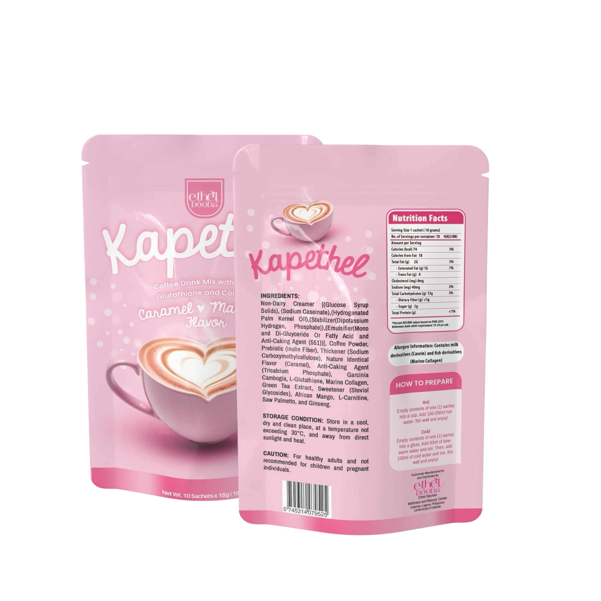 Ethel Booba Kapethel Coffee Drink Mix with Herbs & Collagen - Caramel Macchiato Flavor | 10 Sachets x 18g (180g)