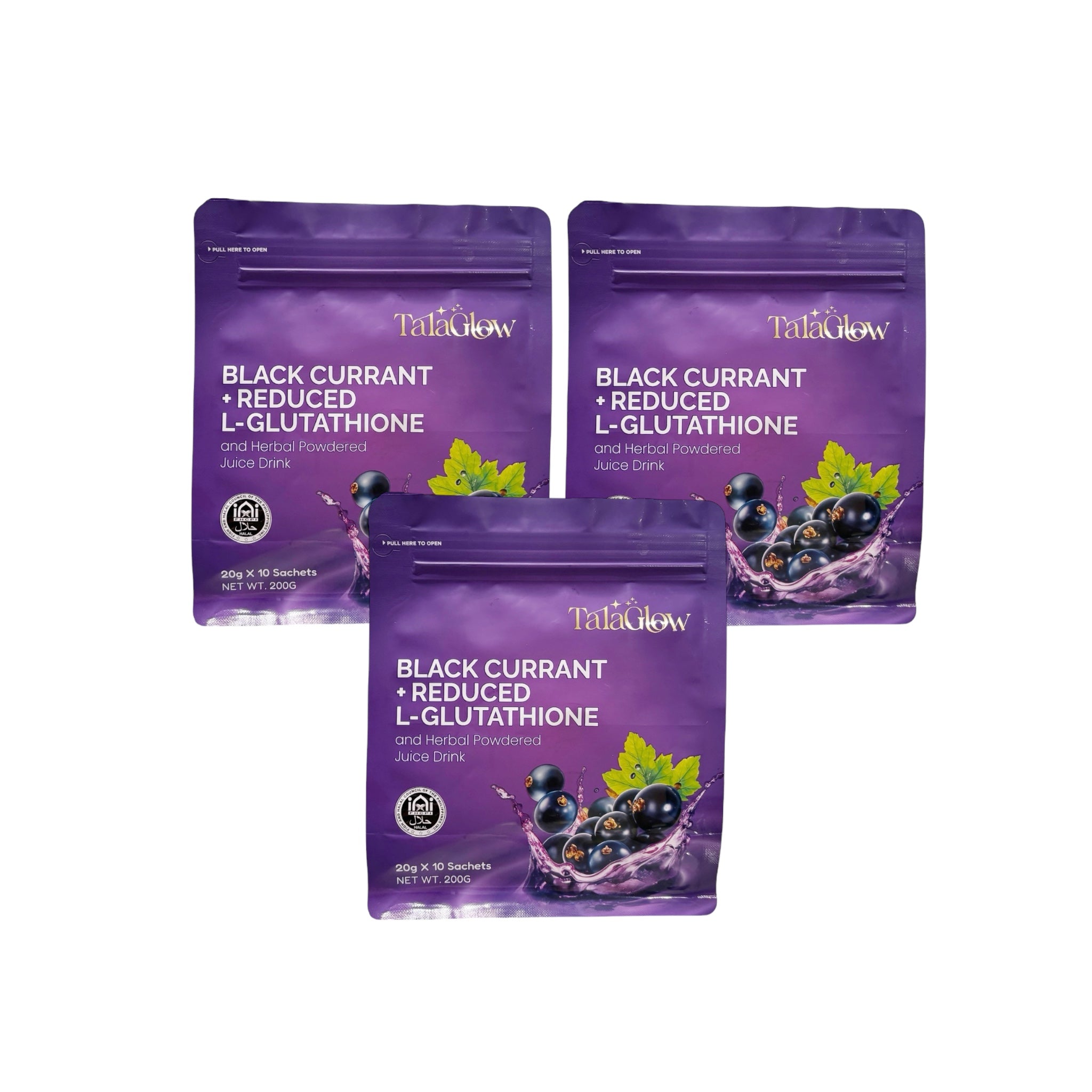 TalaGlow BLACK CURRANT + REDUCED L-GLUTATHIONE and Herbal Powdered Juice Drink 10 Sachets x 20g