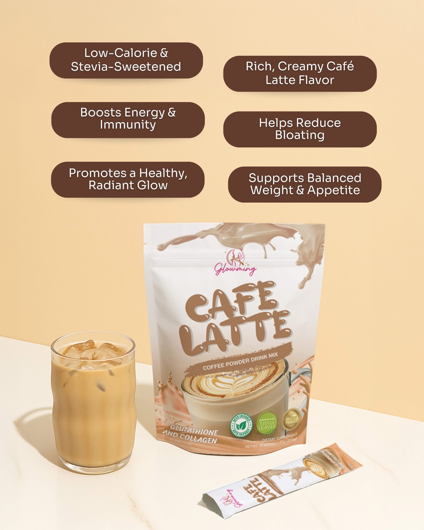 Cris Cosmetics Glowming Café Latte Coffee Powder Drink Mix - Glutathione & Collagen Blend (20g)