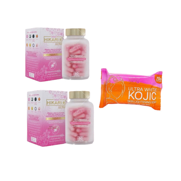 2 Bottles Beauty&U Hikari Premium Japan Glutathione + Kojic Soap 70g