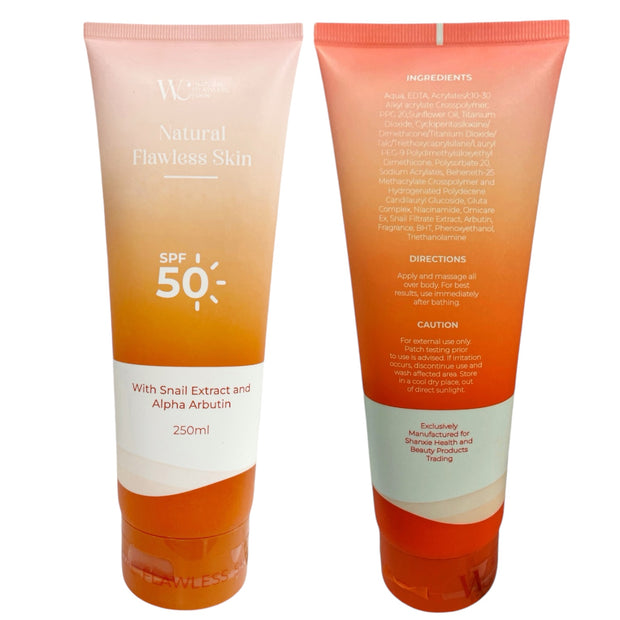 WC Natural Flawless Skin Body Whitening Lotion with SPF 50, Snail Extract & Arbutin - VS Bombshell Scent, 250ml /8oz