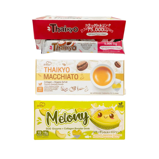 Sampler Bundle Aishi Thaikyo MACCHIATO, LYCHEE & MELON Gluta Collagen Beauty Drink -  15 Sachets