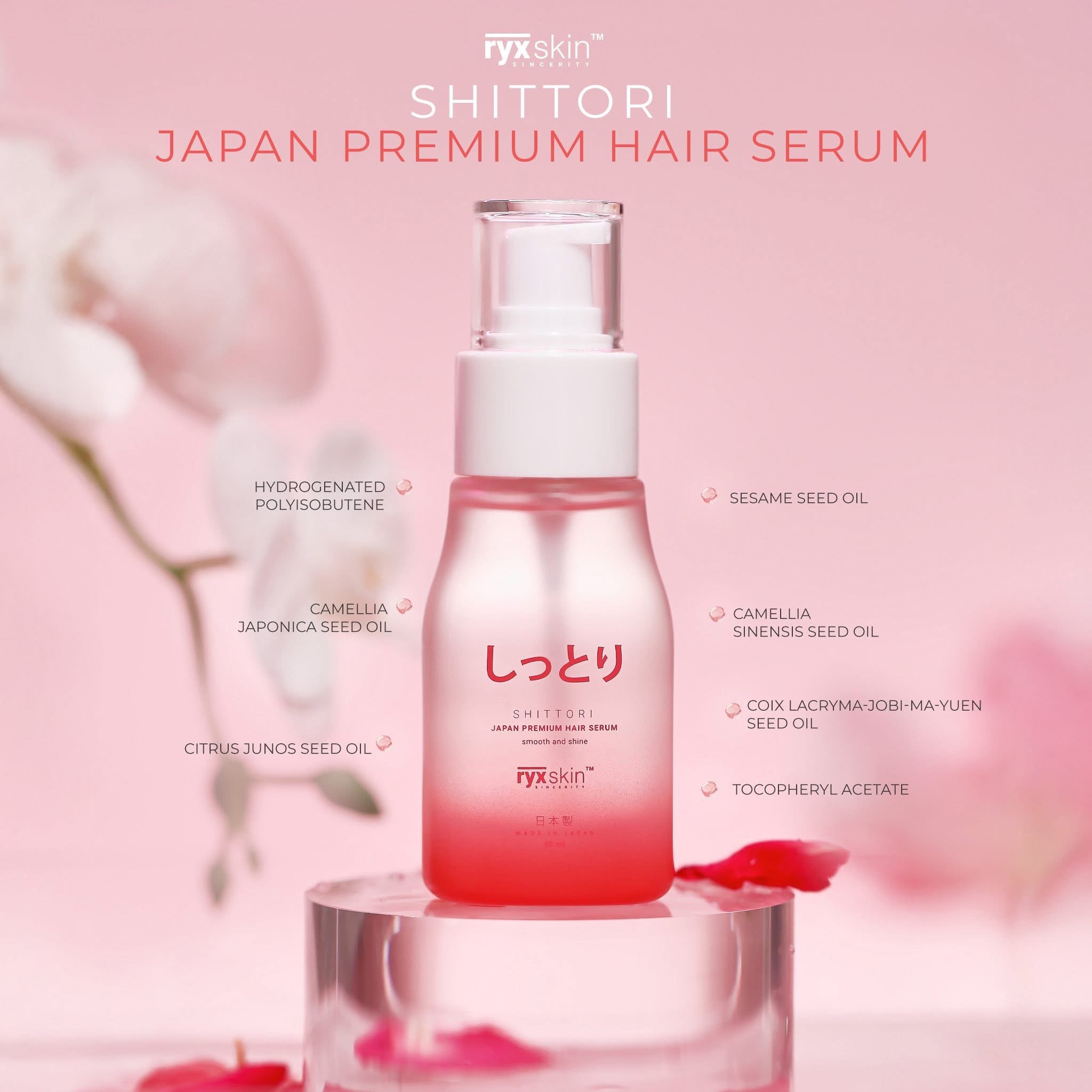 Ryxskin™ SHITTORI Japan Premium Hair Serum 40 mL — Smooth & Shine, Lightweight Non-Greasy Formula with Camellia & Yuzu Seed Oils — Nourishing Leave-In Serum for Silky, Frizz-Free Hair, Made in Japan
