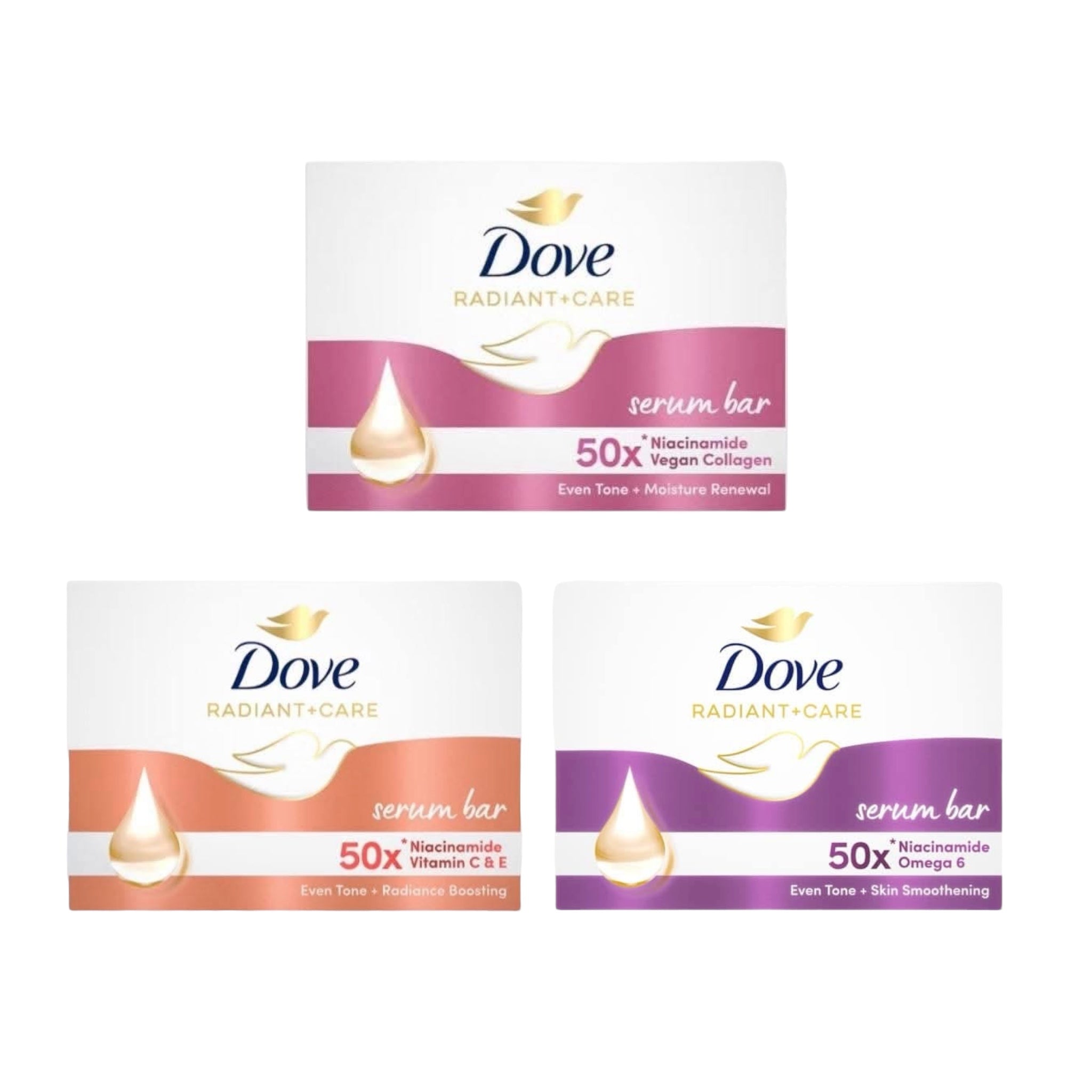 DOVE Radiant+Care Serum Bar – Triple Serum Blend with Niacinamide, Vegan Collagen & Omega 6 | Nourishing Body Cleansing Bar for Smooth, Radiant & Moisturized Skin | 90g x 3 Bars (3 Variants to Choose From)
