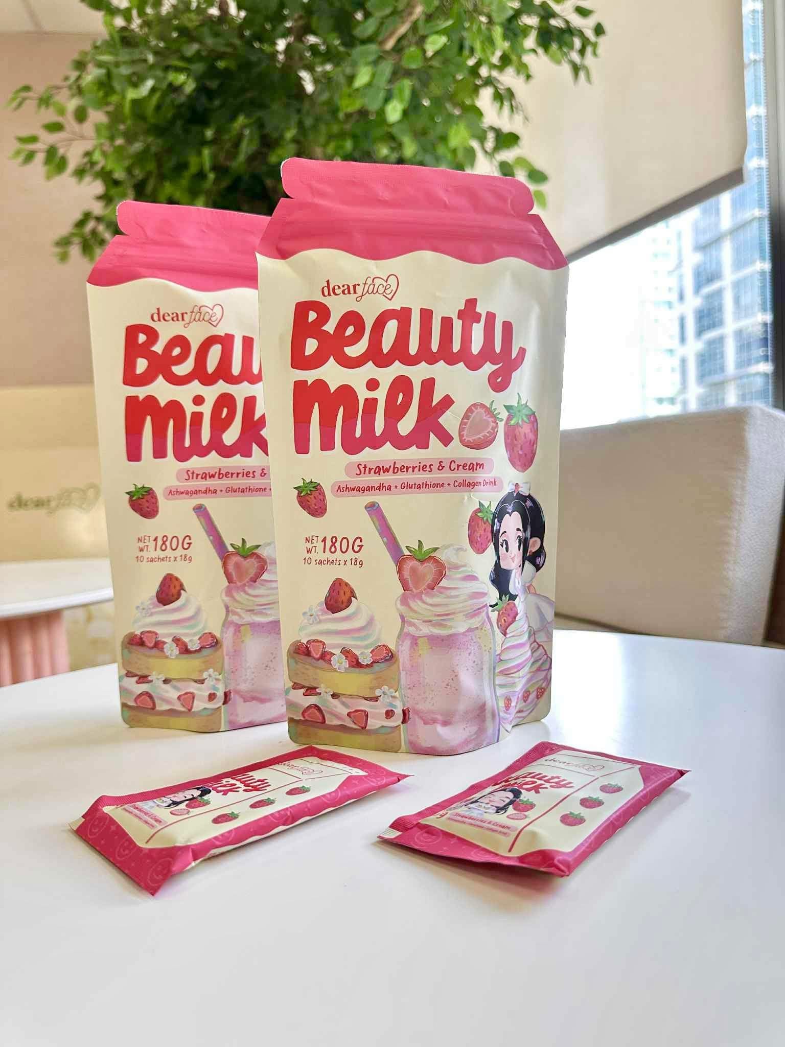 Dear Face Beauty Milk Strawberries and Cream Drink,  Sachets, 10 Sachets
