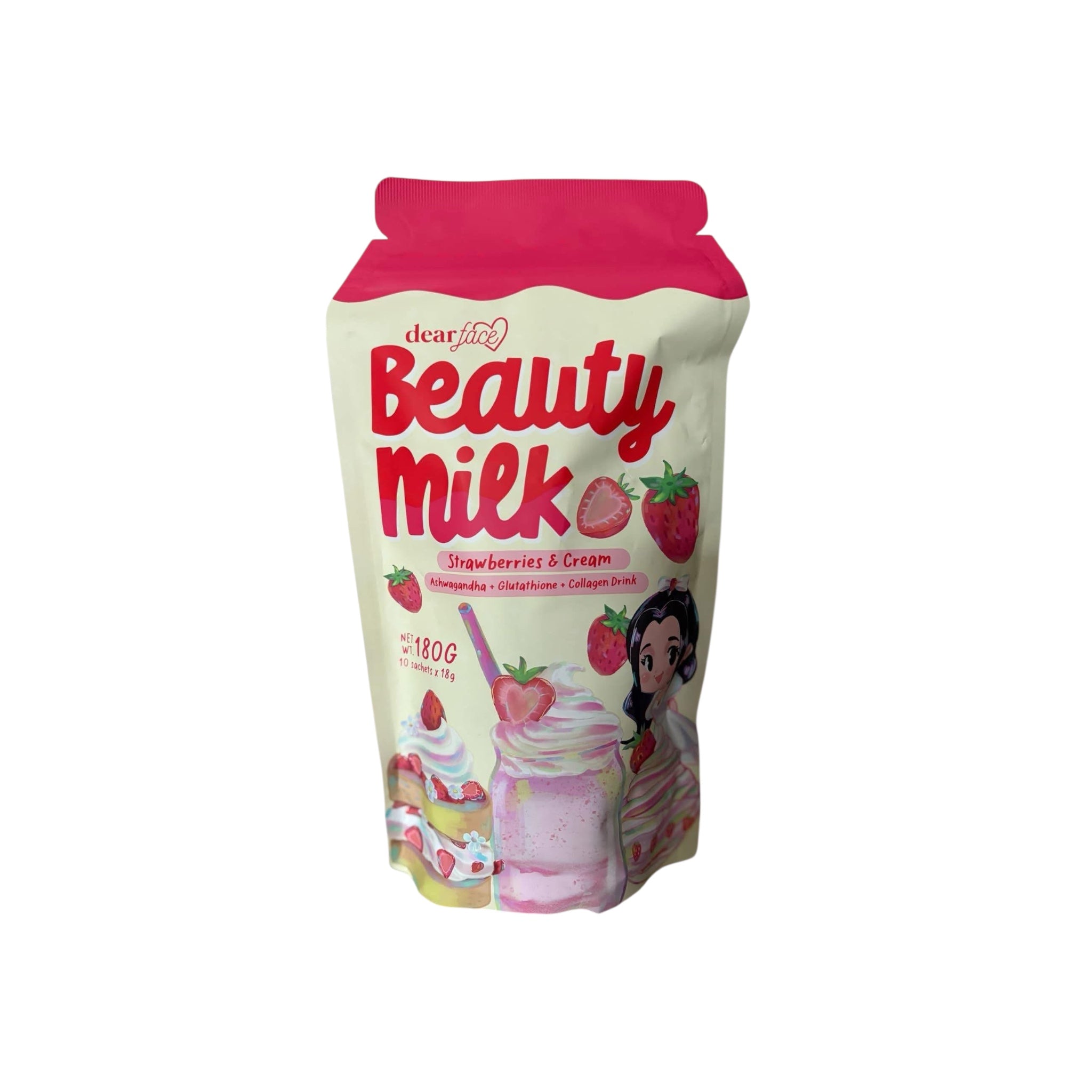 Dear Face Beauty Milk Strawberries and Cream Drink,  Sachets, 10 Sachets