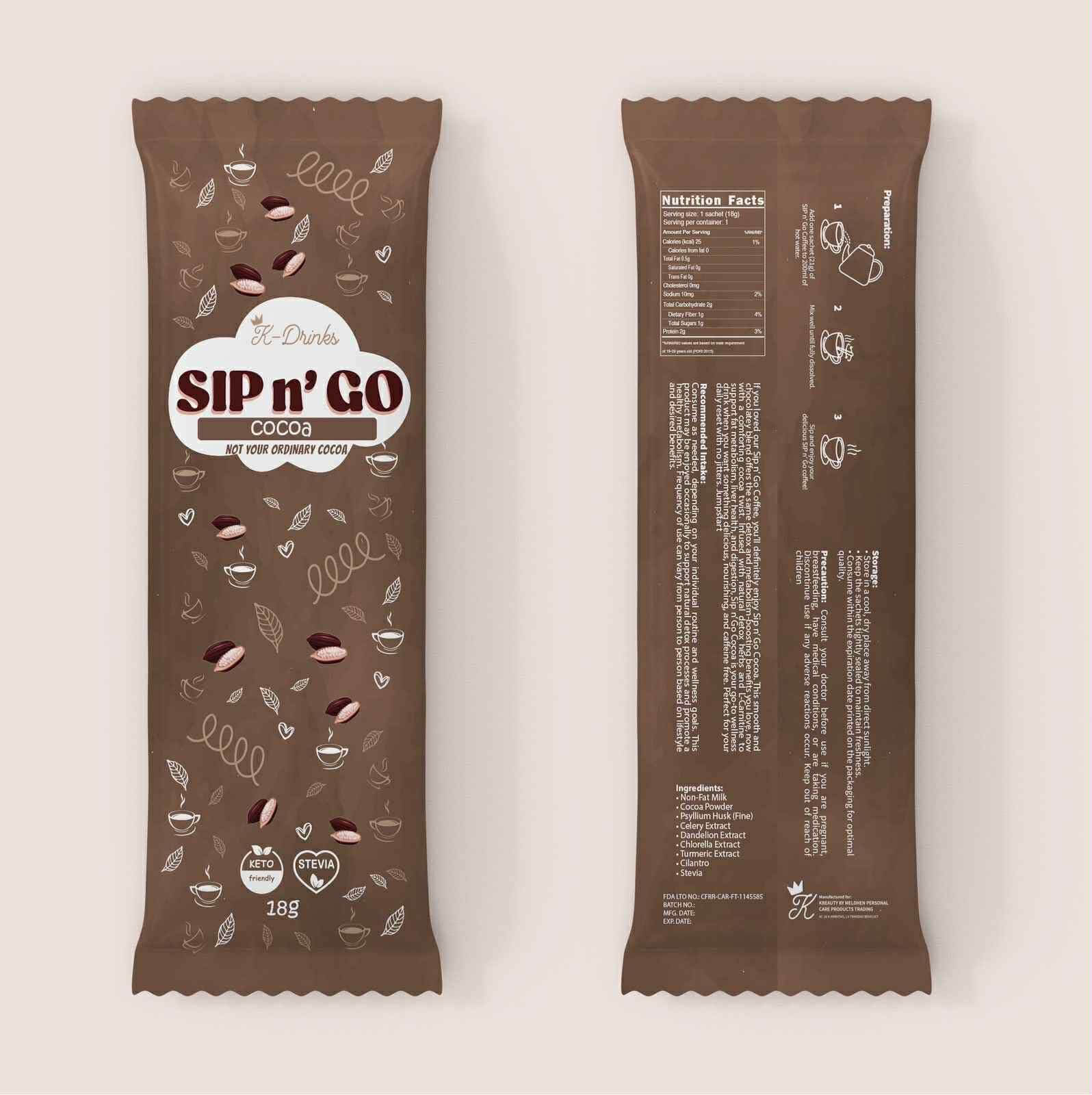 K-Drinks SIP N° GO Cocoa Stevia-sweetened beverage offering a smooth, balanced chocolate taste.