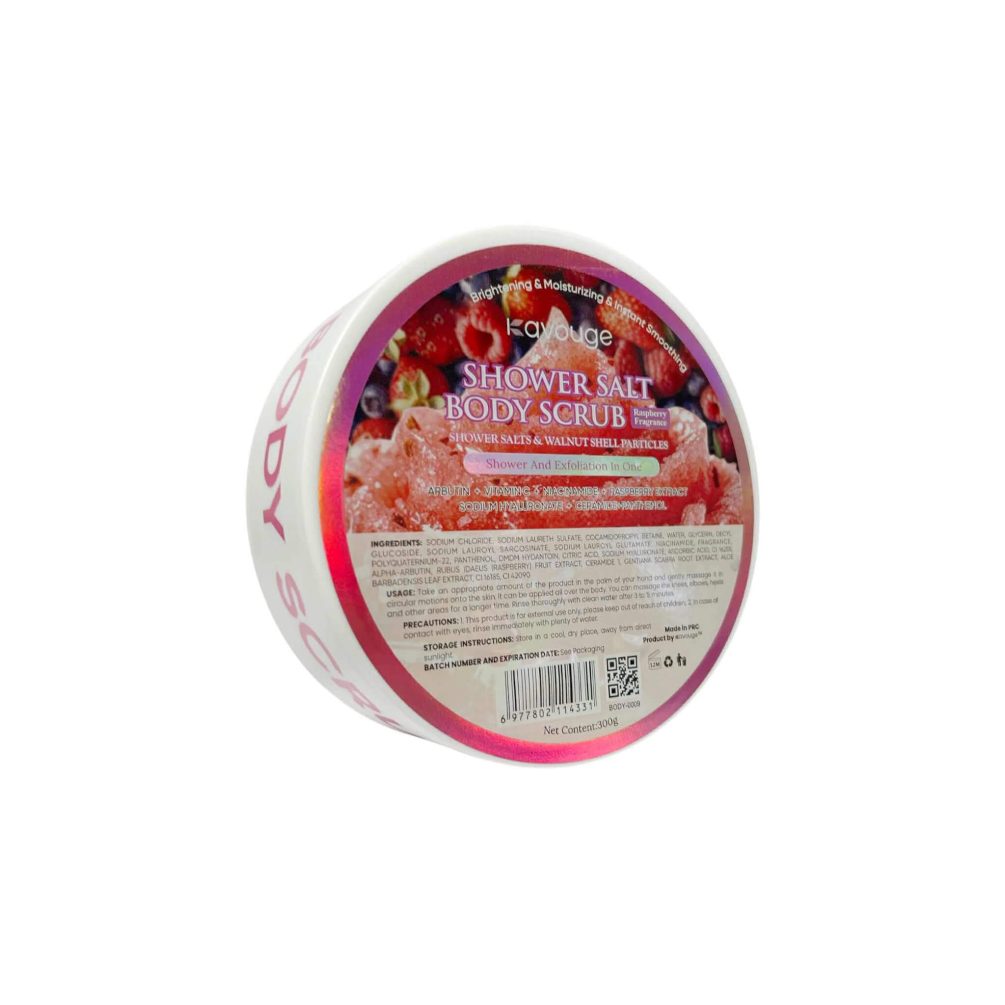 Kavouge Shower Salt Body Scrub Raspberry 300g – gentle exfoliating salt for smooth, soft skin with niacinamide and raspberry extract