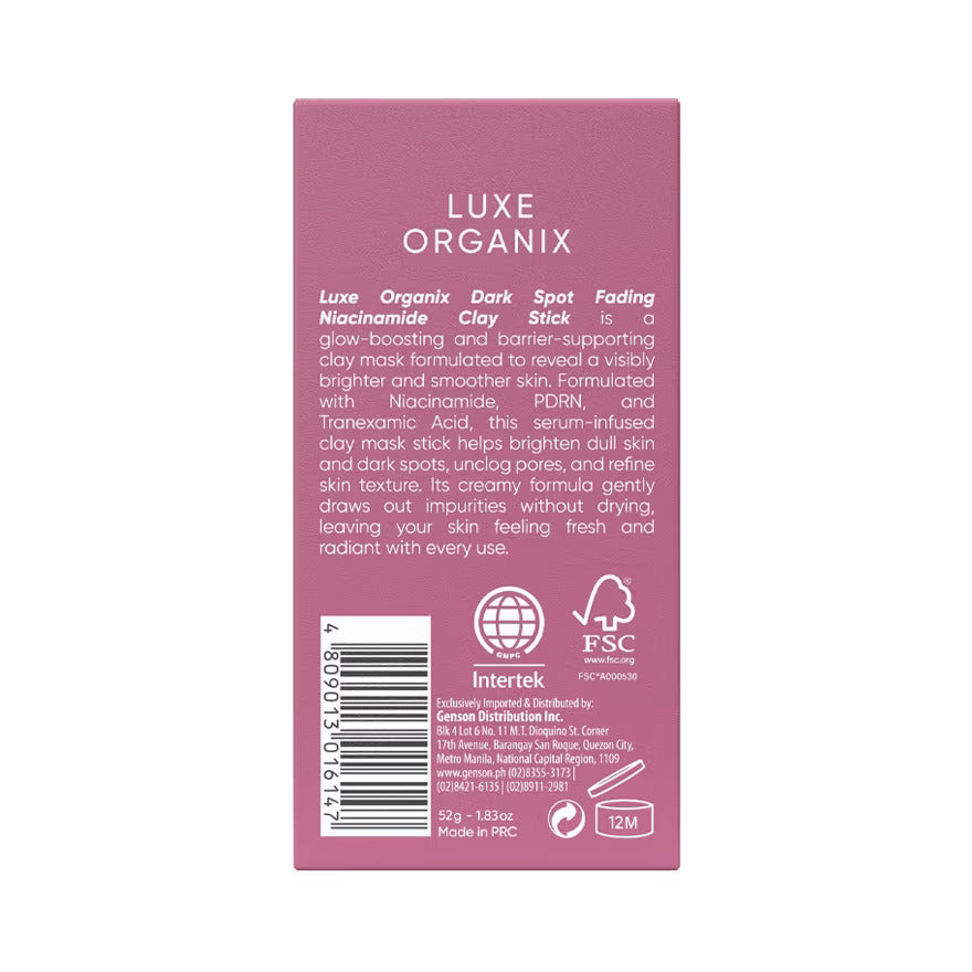 Luxe Organix Dark Spot Fading Niacinamide Clay Stick 52g niacinamide clay mask for smoother skin appearance