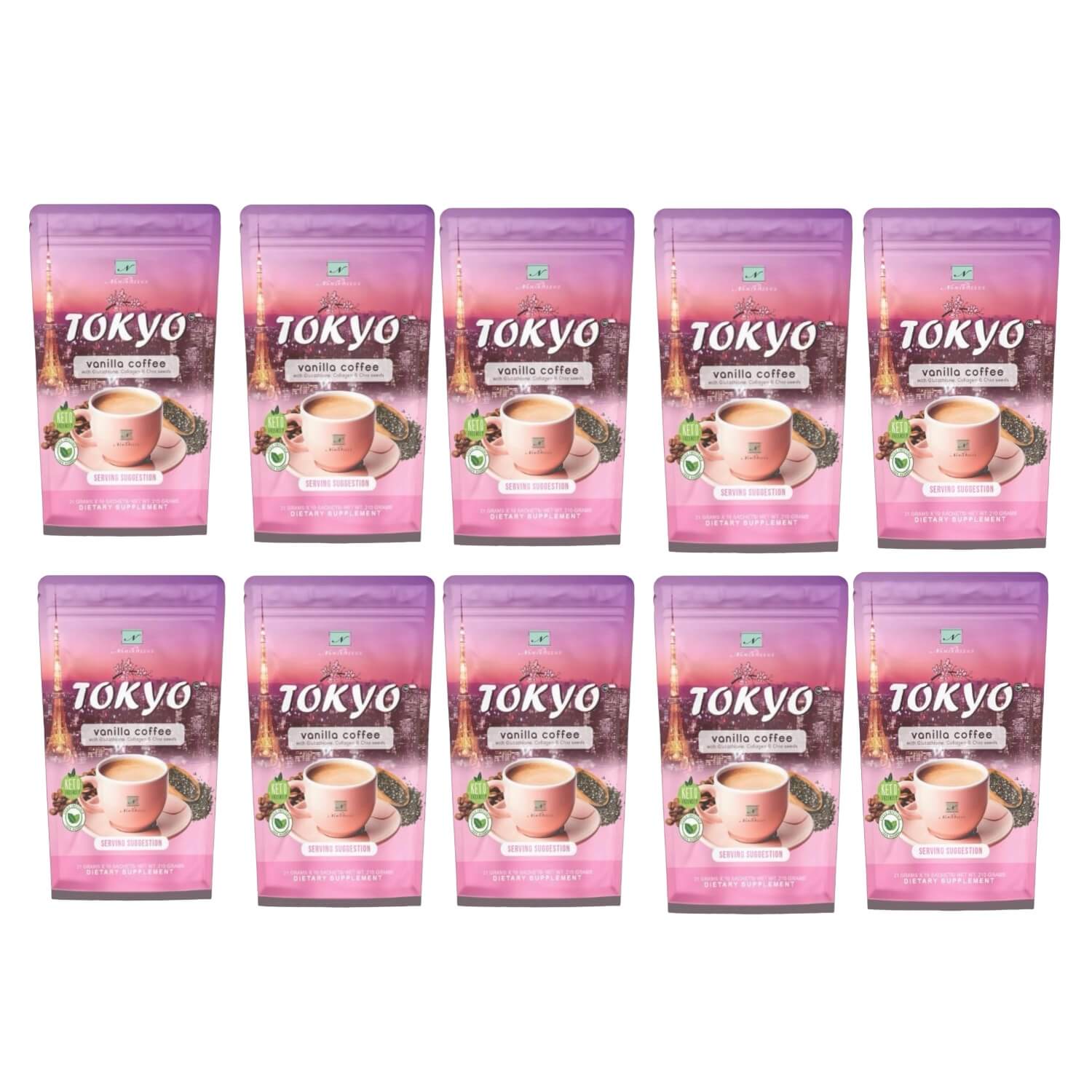 10 Pouches Namiroseus TOKYO Vanilla Coffee with Glutathione, Collagen & Chia Seeds