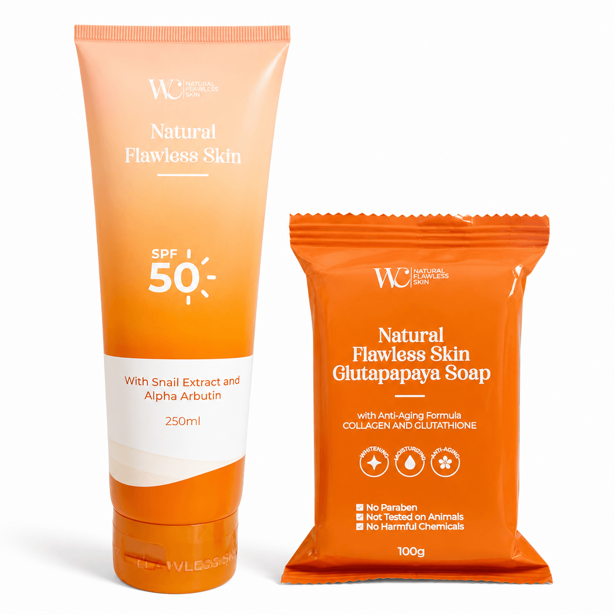 WC Natural Flawless Skin Body Lotion & Glutapapaya Soap daily skin care duo with moisturizing botanical ingredients