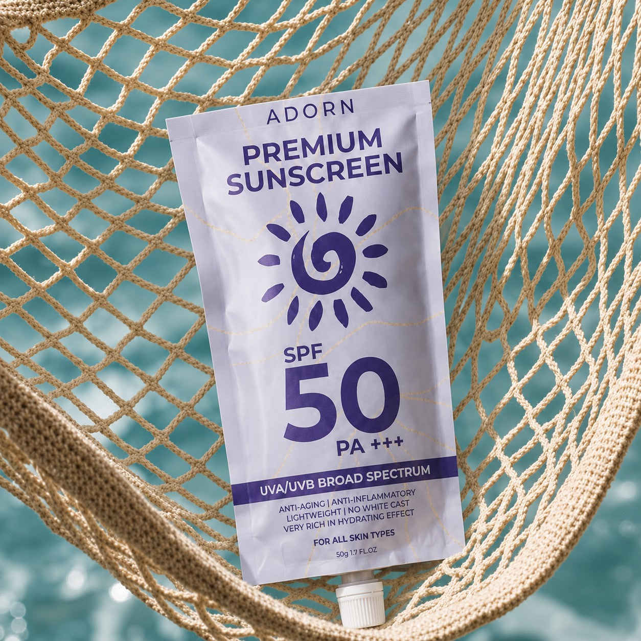 ADORN Premium Sunscreen SPF 50 UVA/UVB Broad Spectrum 50ml with a smooth no cast finish