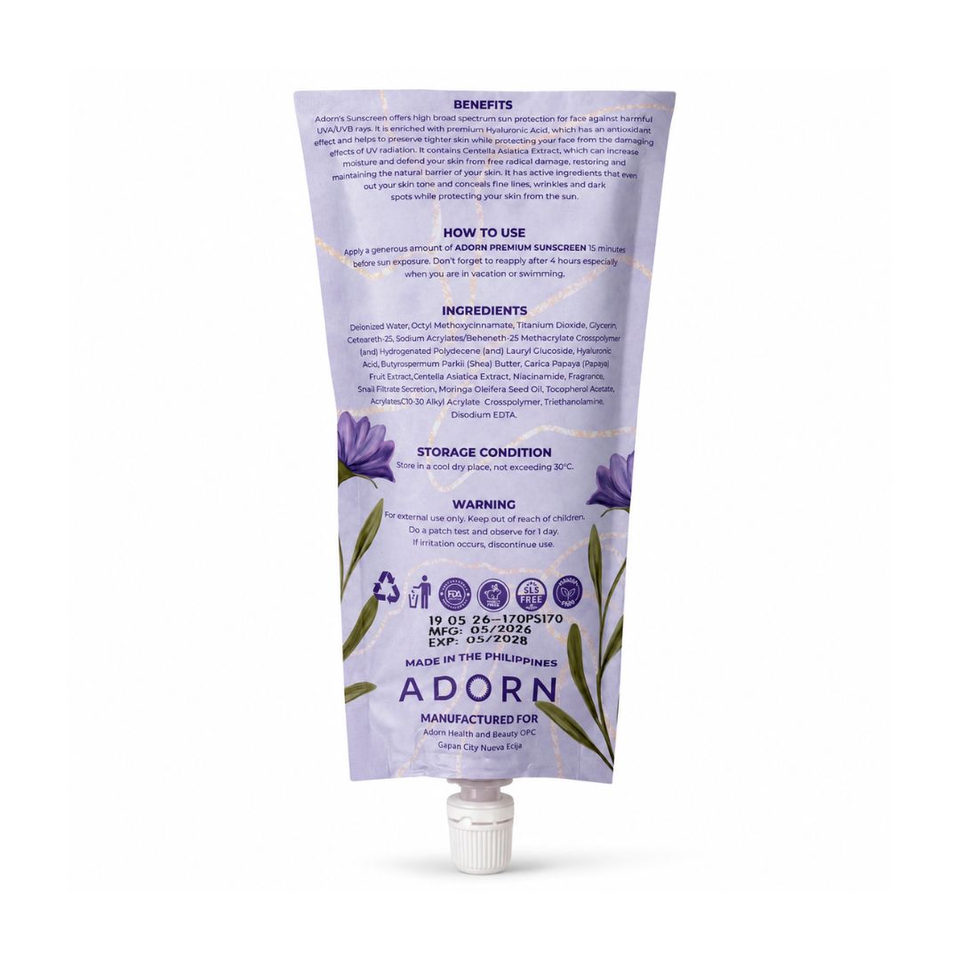 ADORN Premium Sunscreen SPF 50 UVA/UVB Broad Spectrum 50ml with a lightweight comfortable feel