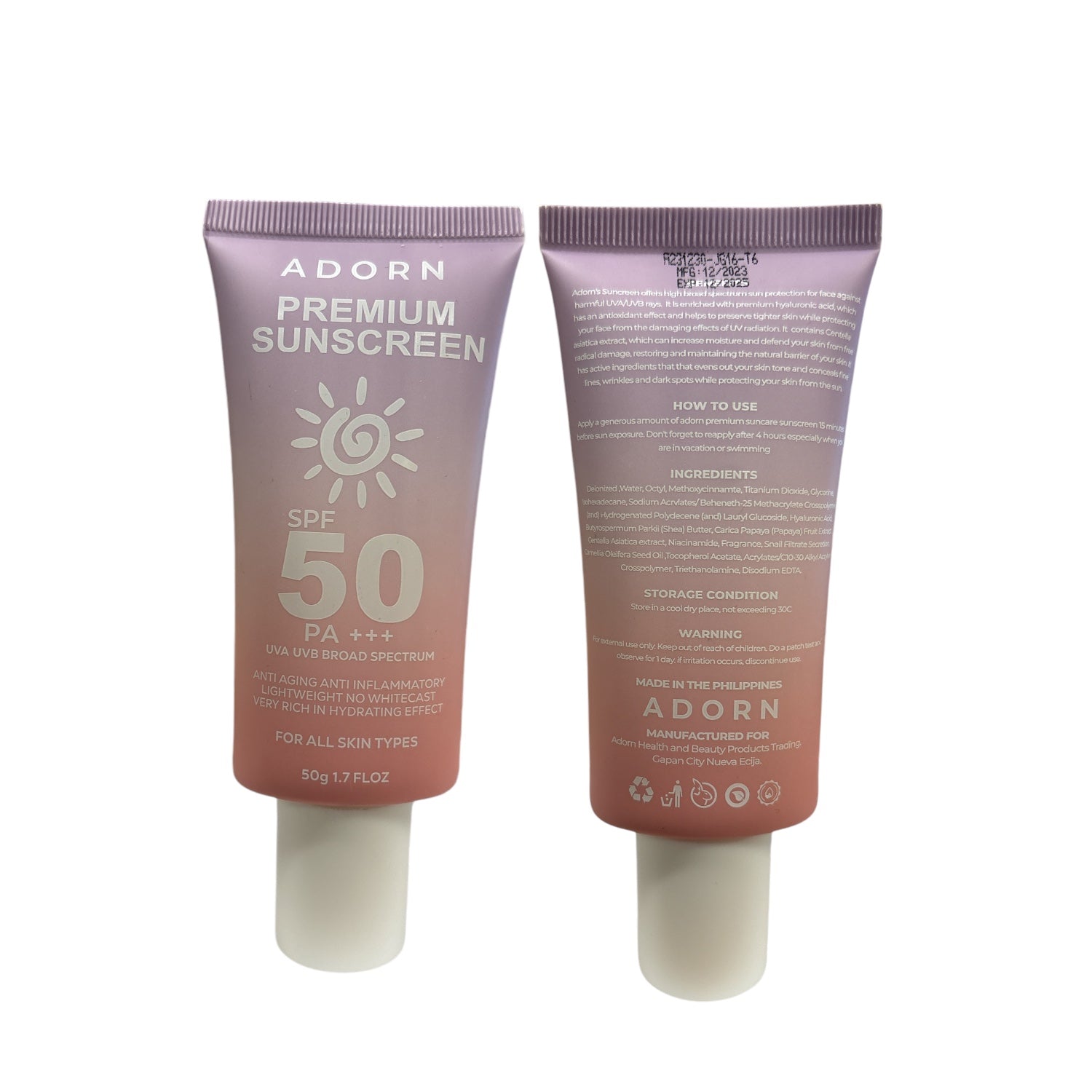 2 Packs ADORN Premium Sunscreen SPF 50 UVA/UVB Broad Spectrum 50ml