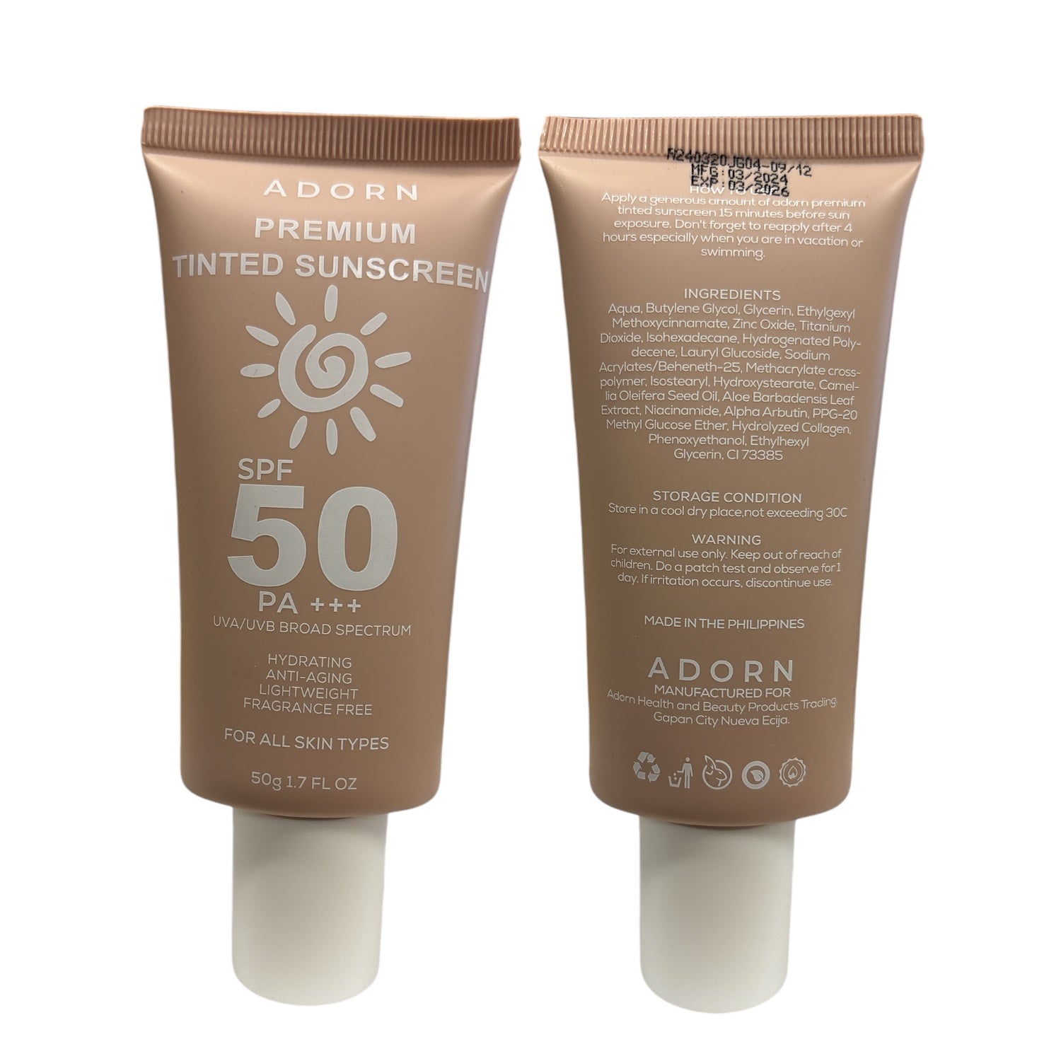 ADORN Premium Tinted Sunscreen SP50 UVA/UVB Broad Spectrum 50ml