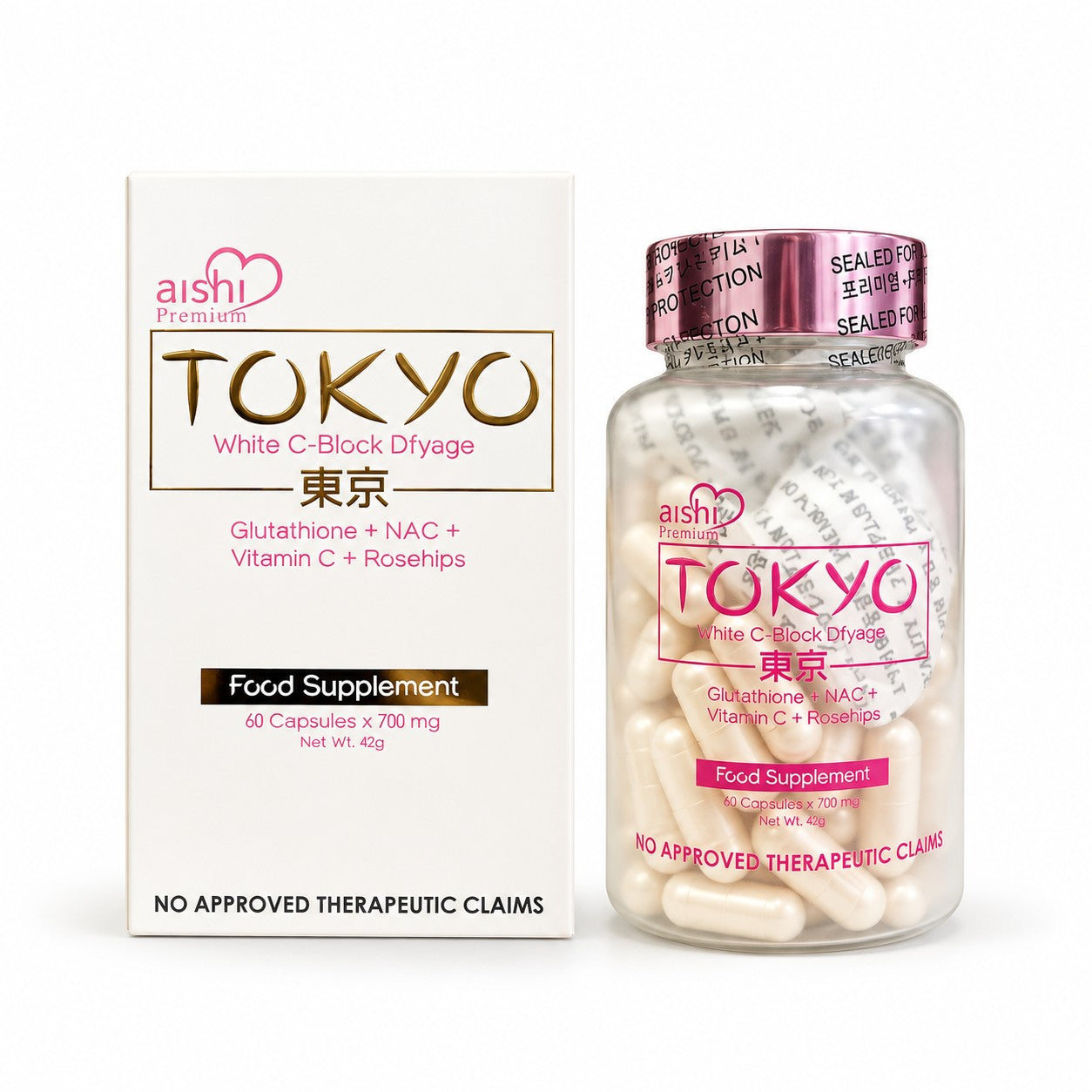 Aishi Premium Tokyo Glutathione 60 Capsules daily wellness formula with glutathione, NAC, vitamin C and rosehips