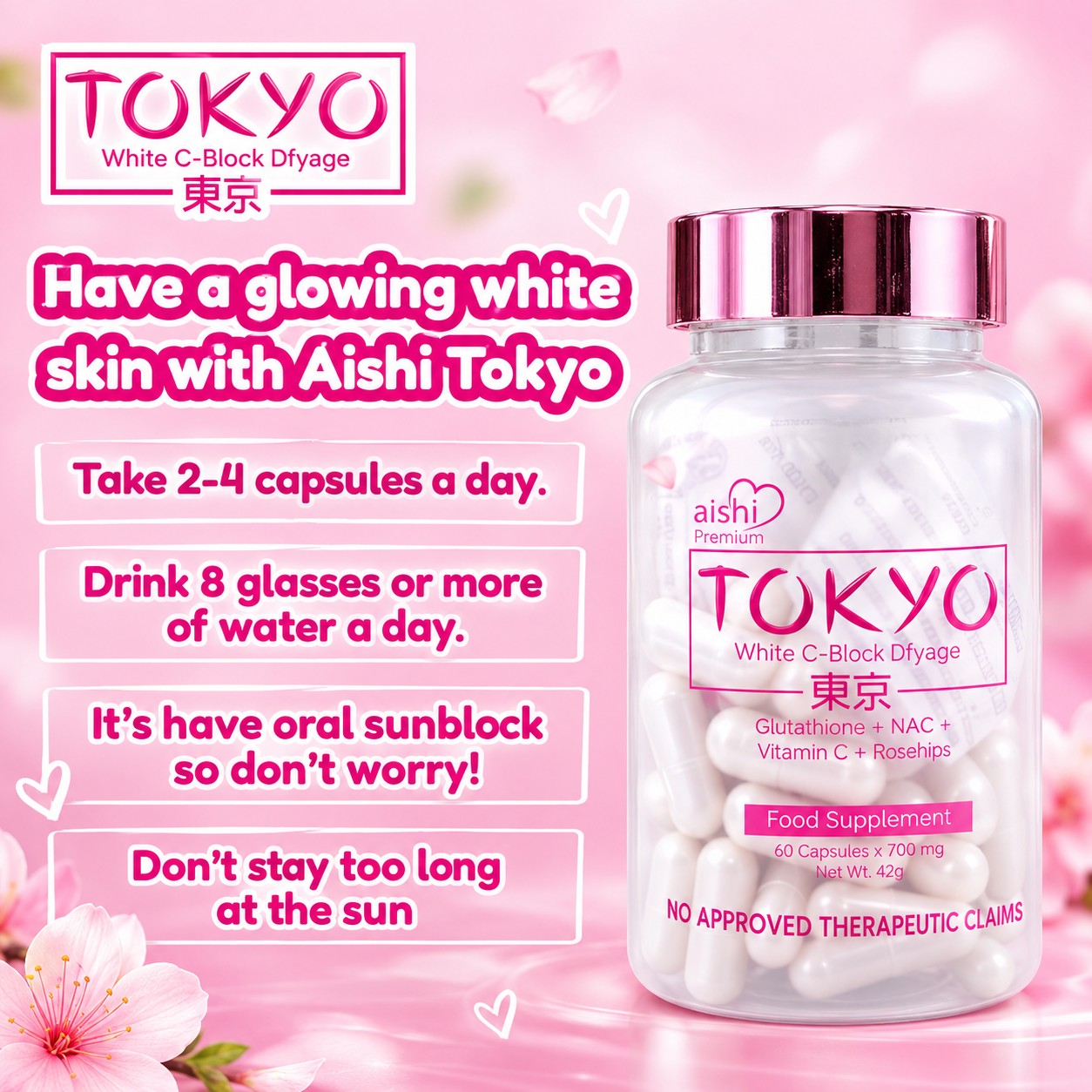 Aishi Premium Tokyo Glutathione 60 Capsules formulated with vitamin C and rosehips for everyday nutritional support